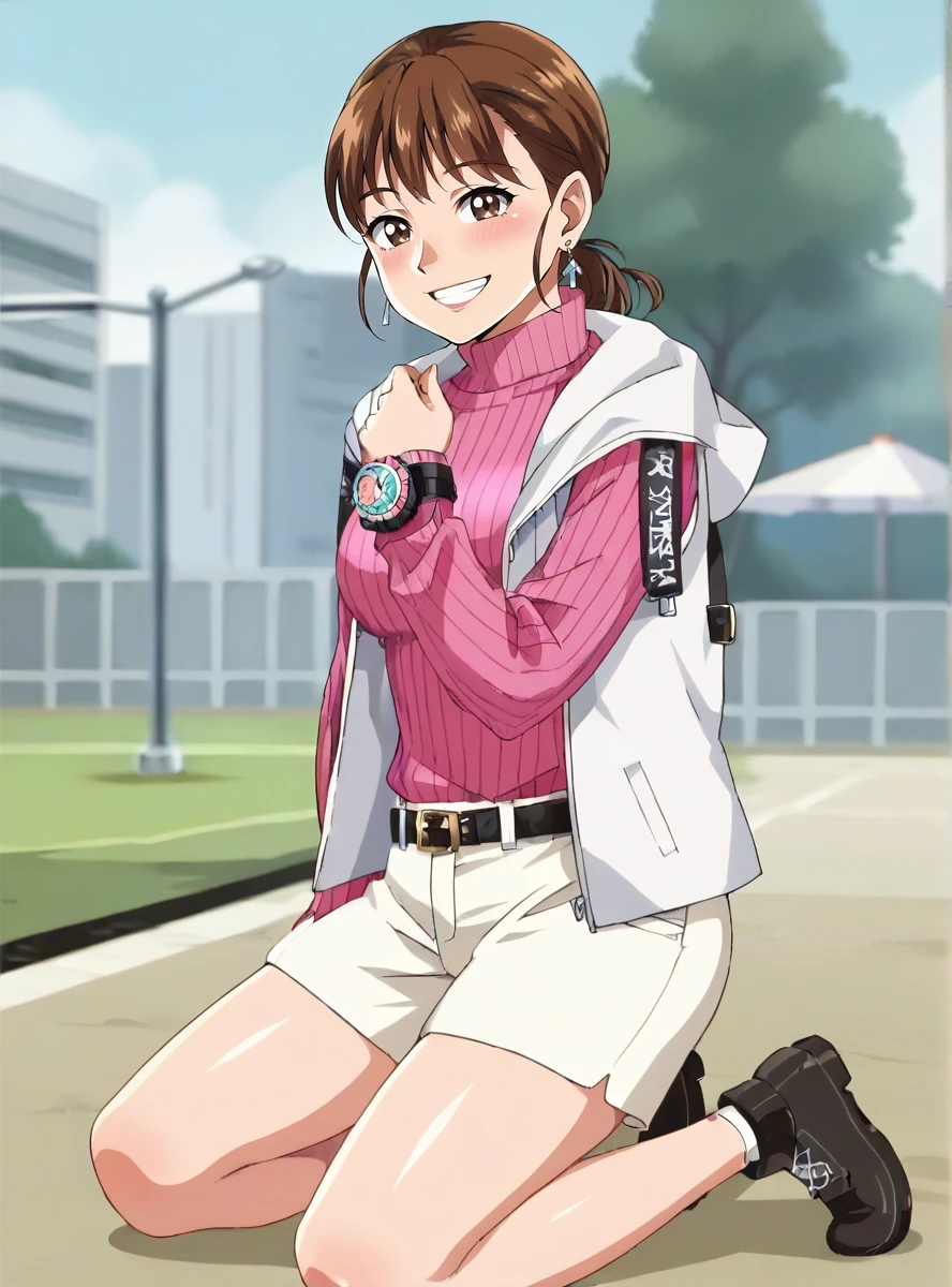 score_9, score_8_up, score_7_up, score_6_up, source_anime, ((anime screencap)), uncensored    (anime coloring), <lora:Mira_Shifuto_Boonboomger:0.7>mirashifutoxl,solo, 1girl, brown hair, smile, shorts, sweater, turtleneck, white shorts, earrings, belt, jewelry, brown eyes, pink sweater, jacket thick thighs,  kneeling,  from side, looking at viewer,  outdoors race_track,