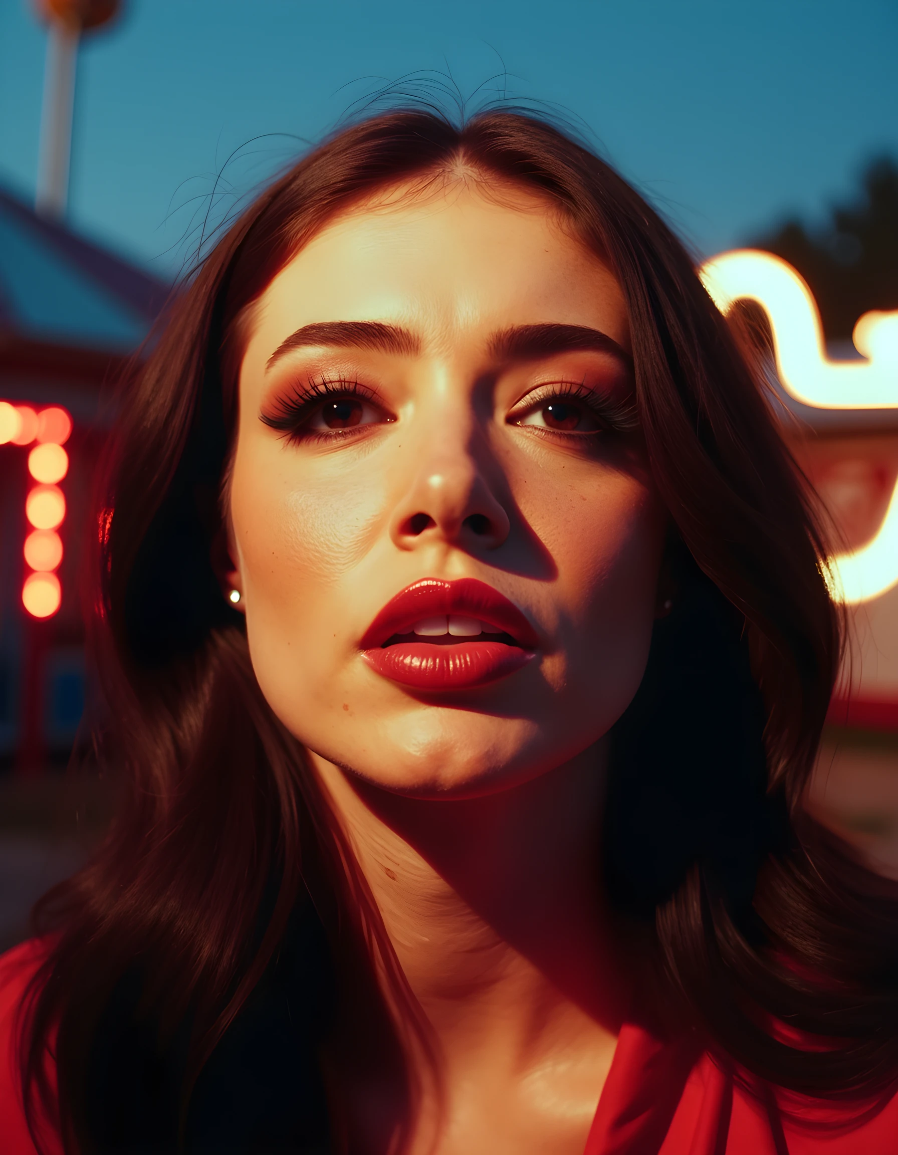 In a surreal, noir-inspired scene set against the backdrop of an abandoned carnival at twilight, the vibrant portrait captures CHR155YC, a woman with black hair cascading down her shoulders and brown highlights framing her face. Her eyes are rimmed in kohl, a stark contrast to the pale, freckled skin on her cheeks. The camera is positioned at an angle from below, accentuating her high cheekbones and creating a dramatic shadow beneath her sharp jawline. Her lips are parted slightly, revealing a row of perfectly white teeth, and she stares intently at the viewer, as if daring them to unravel the secrets hidden within her soul. The soft focus and strategic use of chiaroscuro lighting add an ethereal quality to the image, creating a haunting and evocative atmosphere that leaves the audience questioning the true nature of this mysterious woman.