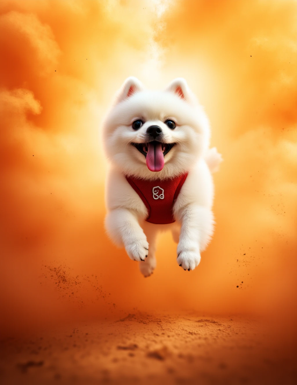 The image is a digital illustration of a white dog shrimp_hk, running in the air. It is wearing a red collar and is running with its mouth open wide, as if it is roaring or panting. The background is filled with orange and yellow dust particles, creating a dramatic and energetic atmosphere. The overall mood of the image is one of power and excitement.