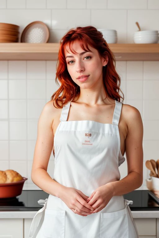 A beautiful redhead with big breasts, standing in profile, Dressed only in a white apron, Cooking in a luxurious kitchen, detailed face and body, realisti, photorealisti, good quality, 8K, masterpiece, Ultra-detail, 基于物理的渲染, bright colours, dramatic lighing, Film composition