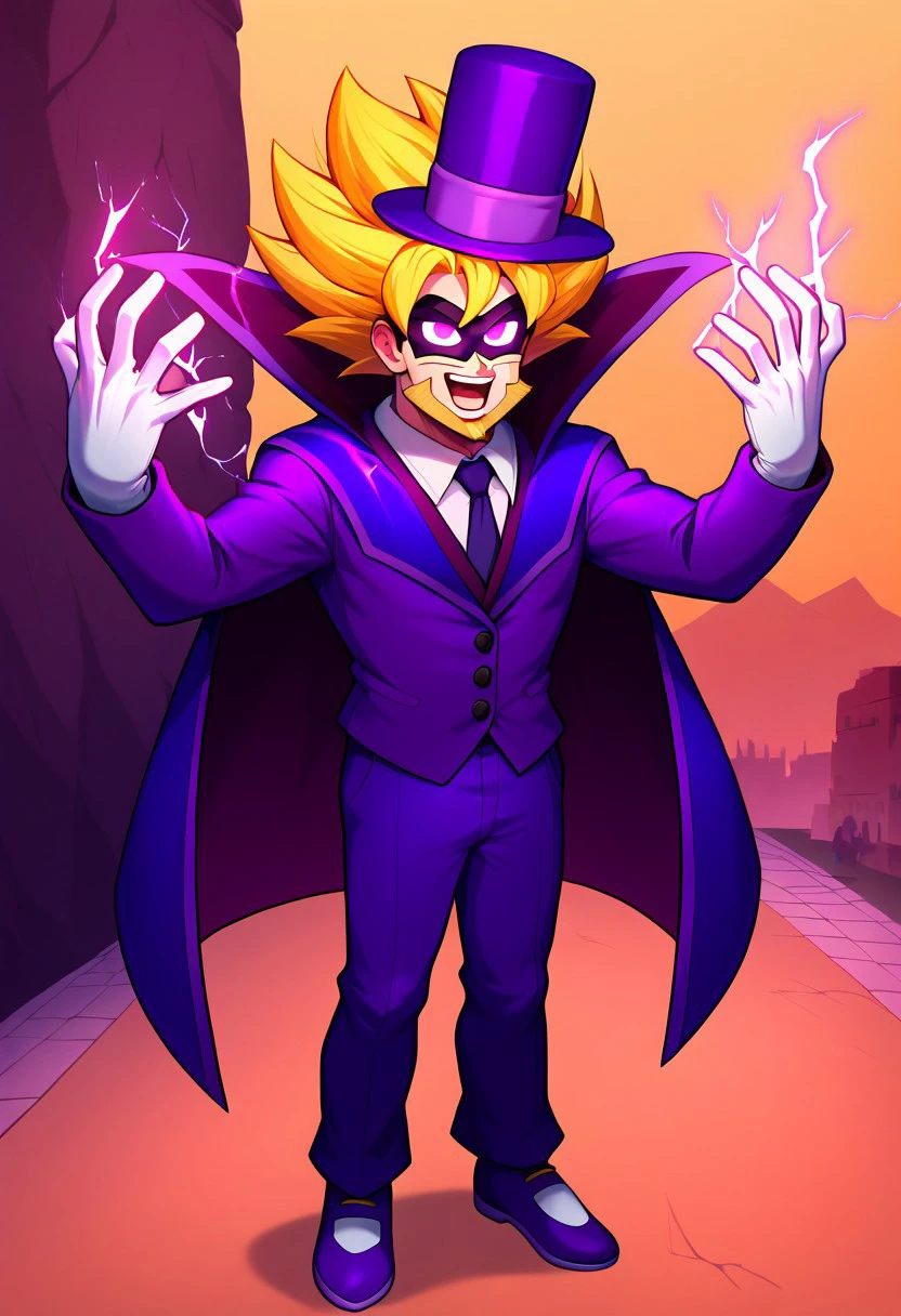 score_9, score_8_up, score_7_up, score_6_up, score_5_up, score_4_up, SophistEevee, full body, solo focus, 1boy, purple top hat, top hat, white shirt, purple coat, (purple jacket), purple pants, purple shoes, purple necktie, purple cape, mask, facial hair, purple pupils, yellow beard, yellow mustache, white gloves, smile, outdoors, park, looking at viewer, standing,  <lora:super-saiyan-ponyxl-lora-nochekaiser:1>, super saiyan, spiky hair, aura, open mouth, closed hands, shouting, yellow hair, glowing eyes, electricity,