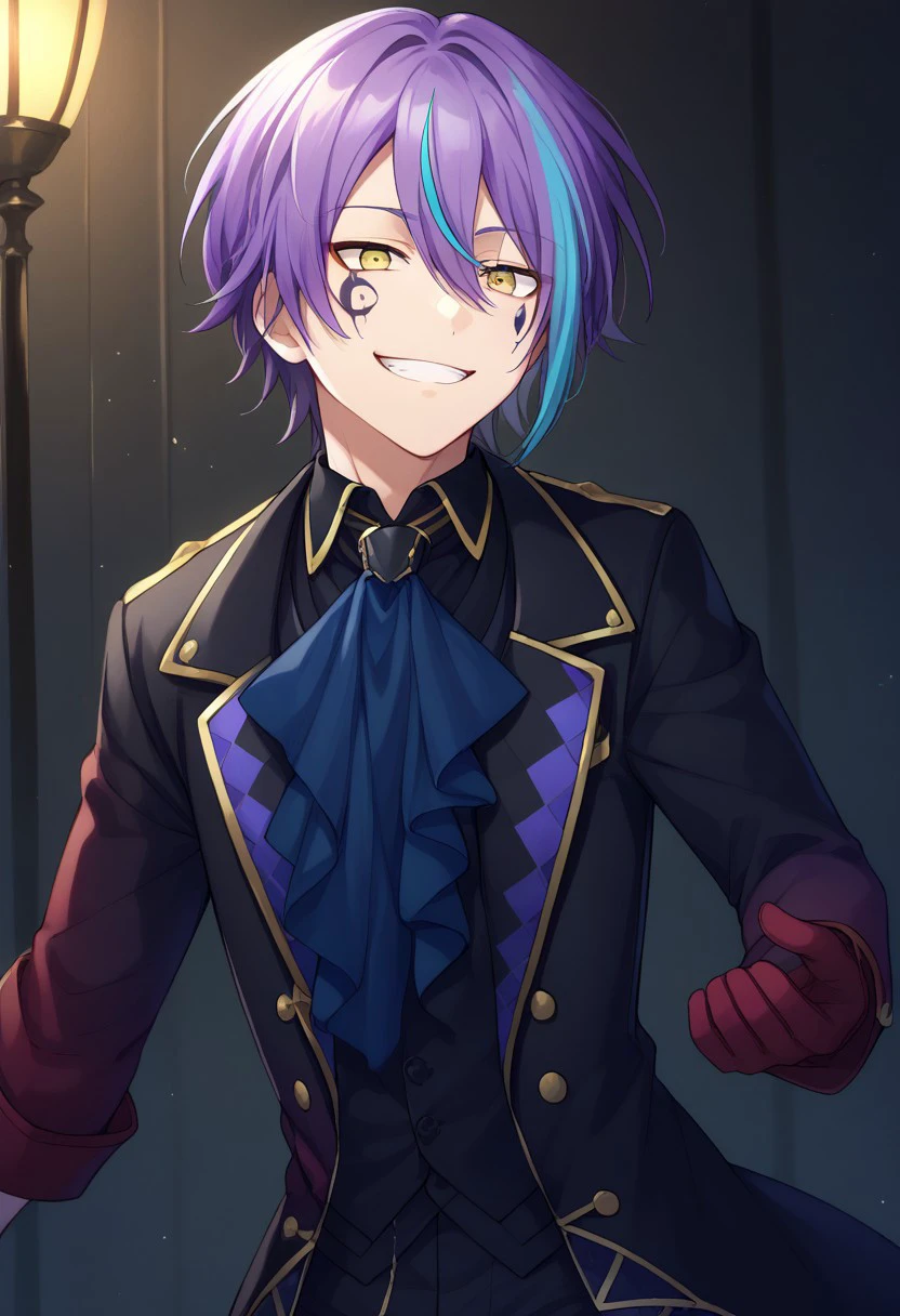 score_9, score_8_up, score_7_up, source_anime, highly detailed, 
kamishiro, 1boy, male focus, solo, yellow eyes, multicolored hair, streaked hair, hair between eyes, purple hair, blue hair, facial mark, ascot, black ascot, shirt, purple shirt, collared shirt, vest, black vest, jacket, black jacket, black coat, long sleeves, gloves, red gloves, pants, black pants, grin,
indoor,