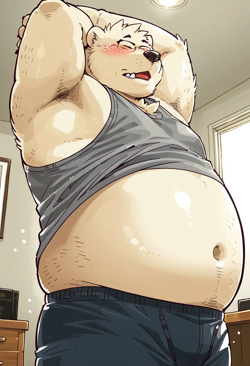 1boy, solo, backlight, detail background, cartoon style, 2d, anthro polar bear, furry male, 1boy, solo, white body/fur, robust build, stocky body, thick arms, fat, overweight, plump, prominent belly, wide snout, round black nose, big eyes, black eyes, short ears, black eyebrows, four fingers, four toes, black claws on finger and toes, rectangular shaped glasses, Expressiveh, low angle, gray tank top, blue shorts, blush, standing, dutch angle, bedroom, close up, arms stretching, looking up, closed eyes, mouth open, drenched, dynamic pose, inside