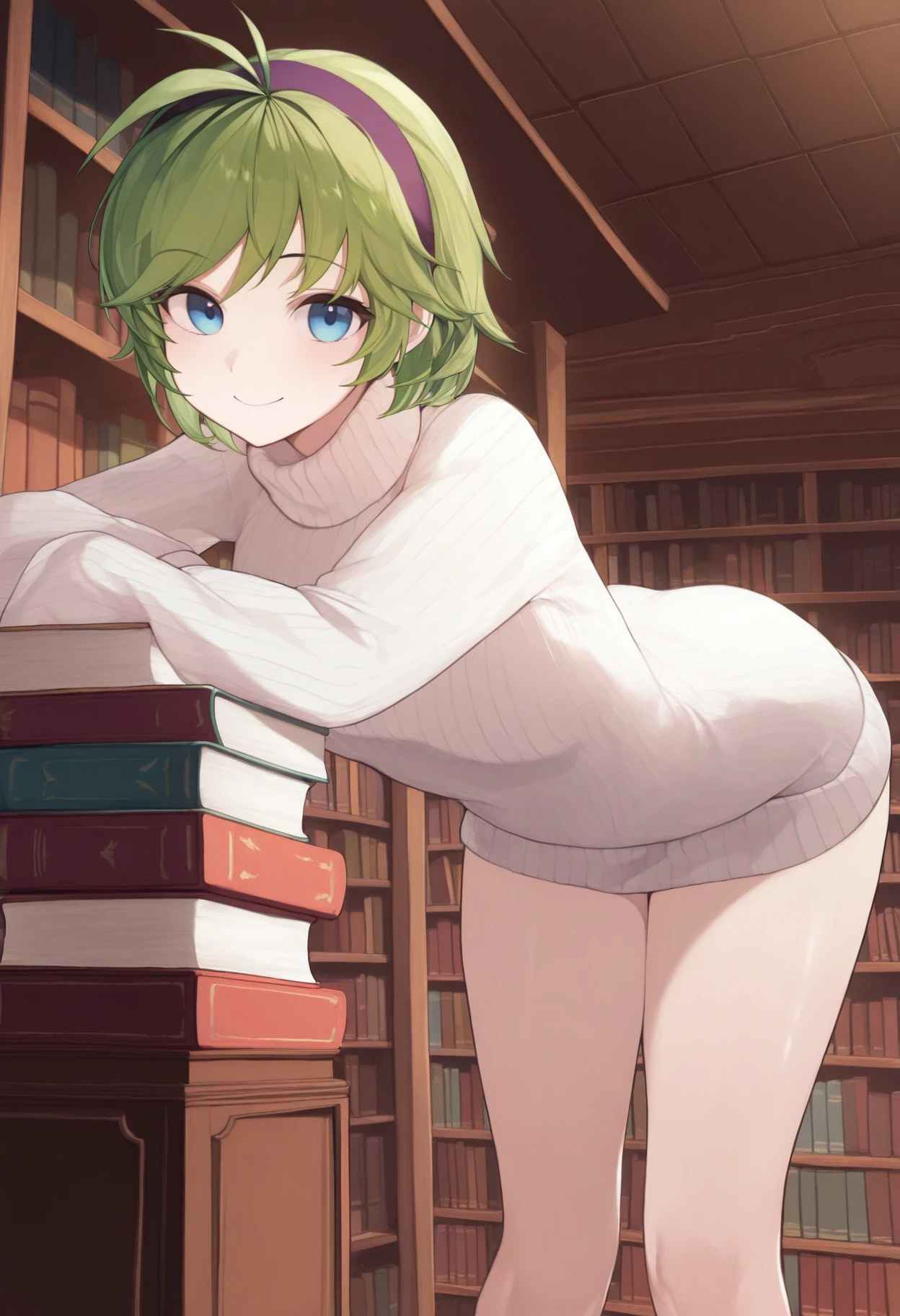 masterpiece, best quality, 1girl, solo, <lora:nino-fe-richy-v1_ixl:1> nin0rng, blue eyes, green hair, short hair, antenna hair, purple hairband, turtleneck sweater, white sweater, bare legs, indoors, library, looking at viewer, smile, closed mouth, thighs, book stack, bookshelf, vaulted ceiling, bent over, standing