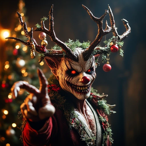 Xmasdemon, A horrific, Christmas-themed monster with antlers and decorations on its head,