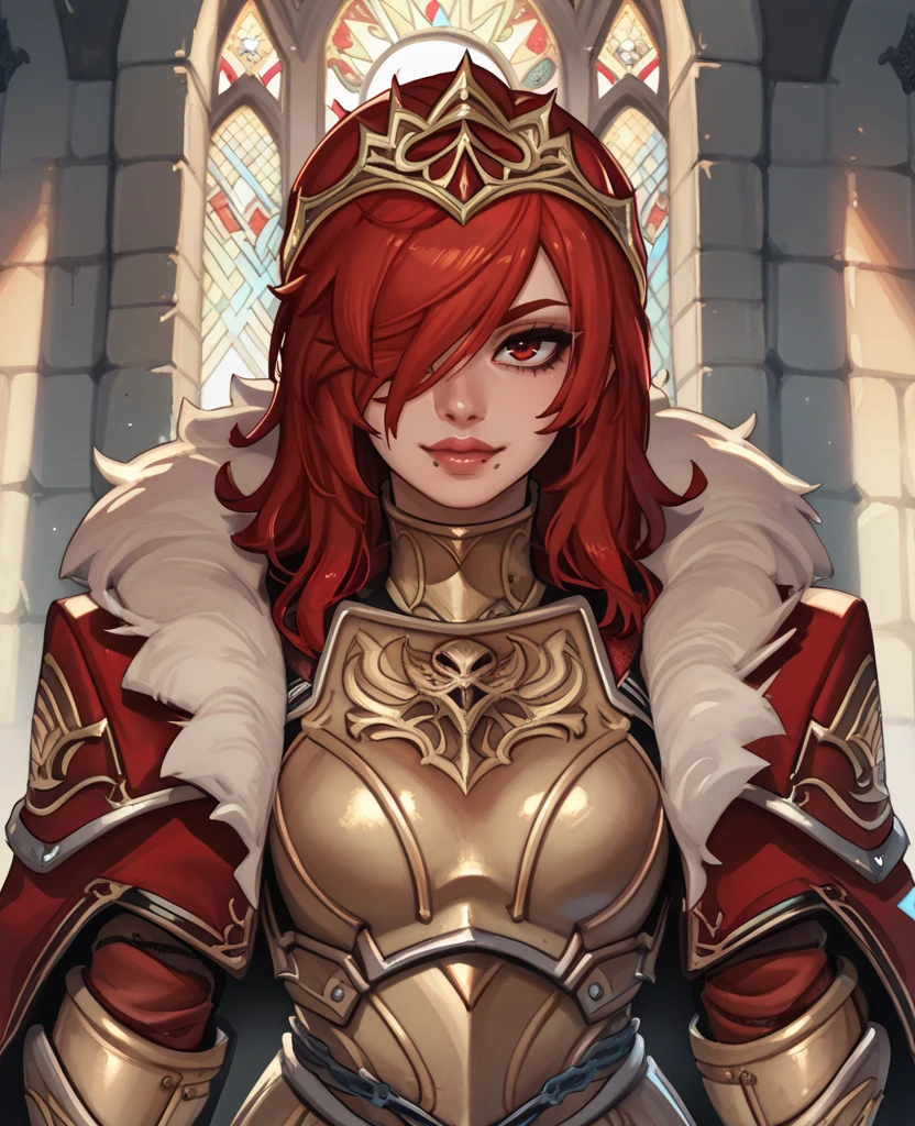 Hilde,red hair,lips,hair over one eye,red eyes,mole under mouth,
armor,gauntlets,fur trim,breastplate,thighhighs, red coat,  head crown, 
solo, smile, upper body, 
european castle, 
 (insanely detailed, beautiful detailed face, masterpiece, best quality) 
 <lora:Hilde:0.7>