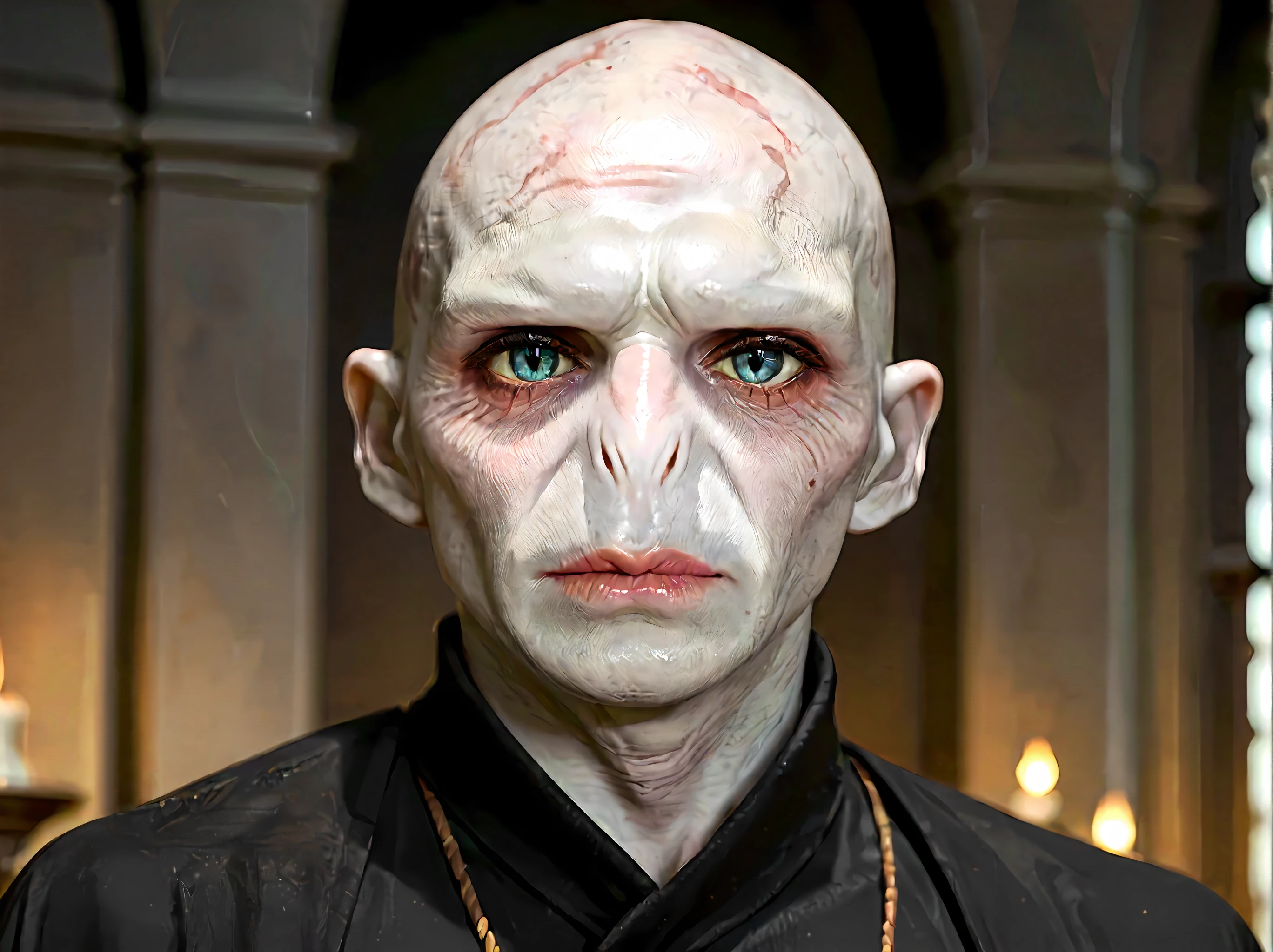 harry potter,cinematic still,bald,slit nose,looking_at_viewer,voldyponyxl,voldemort,(pale bluegrey skin:1.3),alien,black robe,<lora:VoldyPonyXLMerge3:1>,(score_9,score_8_up,score_7_up,score_6_up,score_5_up,score_4_up,rating_explicit),