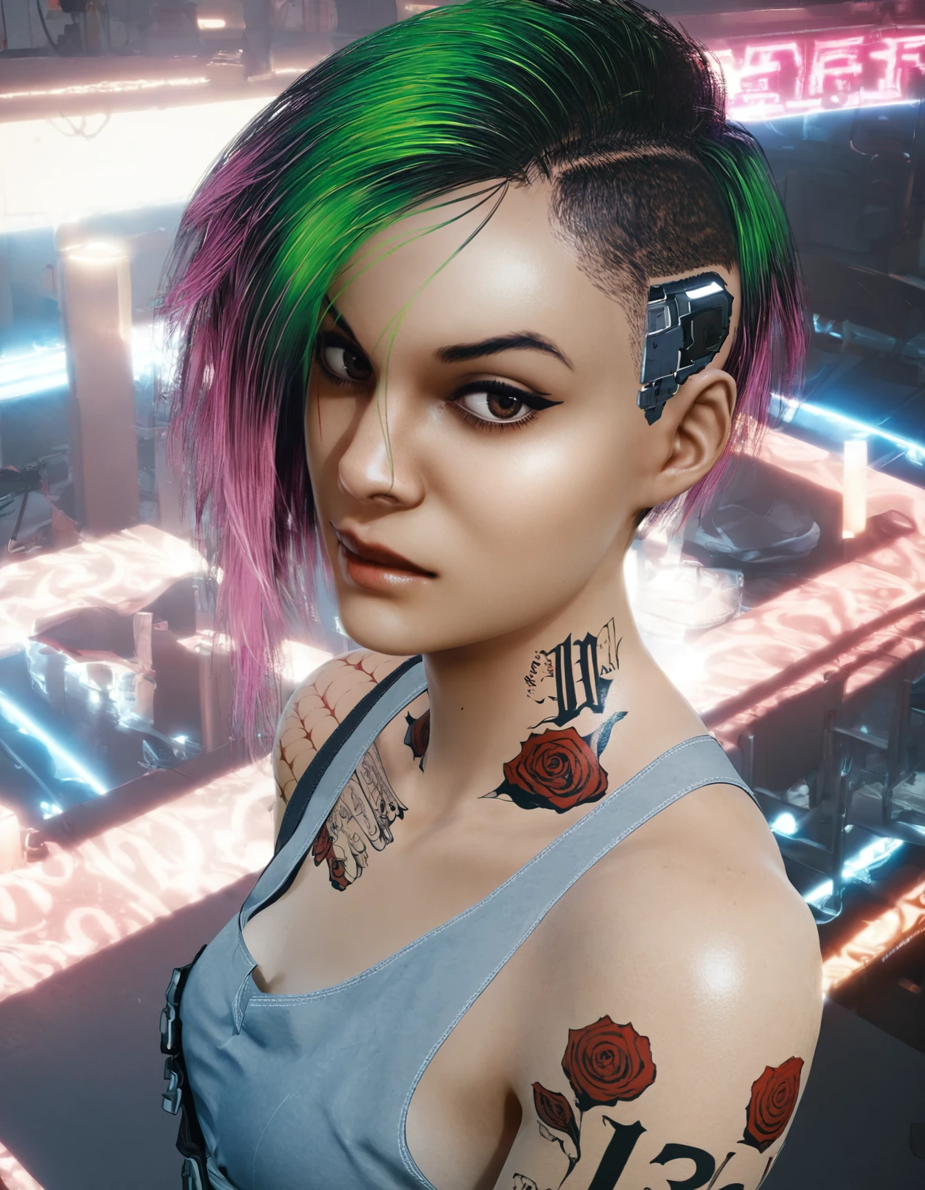 judy alvarez, 1girl, solo, tattoo, short hair, multicolored hair, green hair, looking at viewer, realistic, undercut, pink hair, two-tone hair, makeup, asymmetrical hair, eye makeup, brown eyes, arm tattoo,  <lora:Judy-Alvarez-Pony:0.9>
BREAK
level_9, level_8_up, level_7_up, level_6_up, level_5_up, source_cartoon, masterpiece 
BREAK
small breasts, indoor, neon lights,