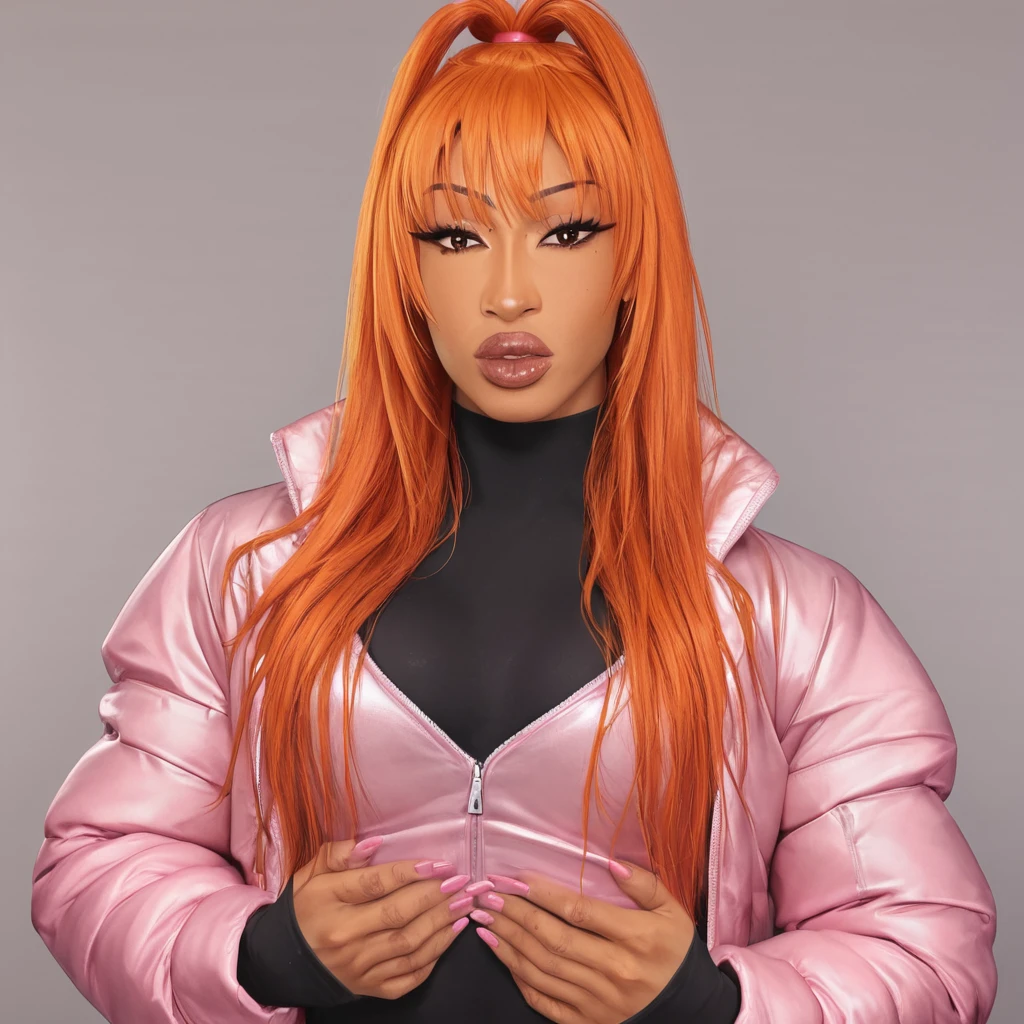 masterpiece, best quality,   <lora:Pony_Jakara_Jackson:1>,j@k@r@, 1girl, solo, jacket, realistic, breasts, long hair, looking at viewer, grey background, pink jacket, orange hair, high ponytail, dark-skinned female, lips, bodysuit