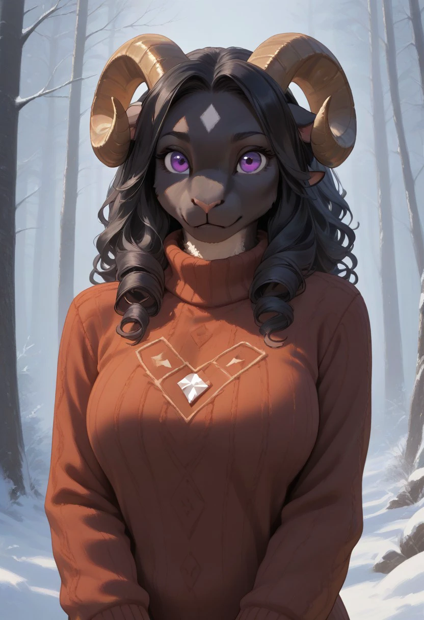 score_9, score_8_up, score_7_up, realistic style, well lit, detailed face, easynegative, 1girl, (furry, anthro, anthro-sheep-girl), textured fur, anthro female, sheep horns, black hair, curly hair, (black fur), white belly fur, fur pattern, fluffy, purple eyes, white diamond pattern on forehead, large breasts, low-cut sweater, snowy forest,