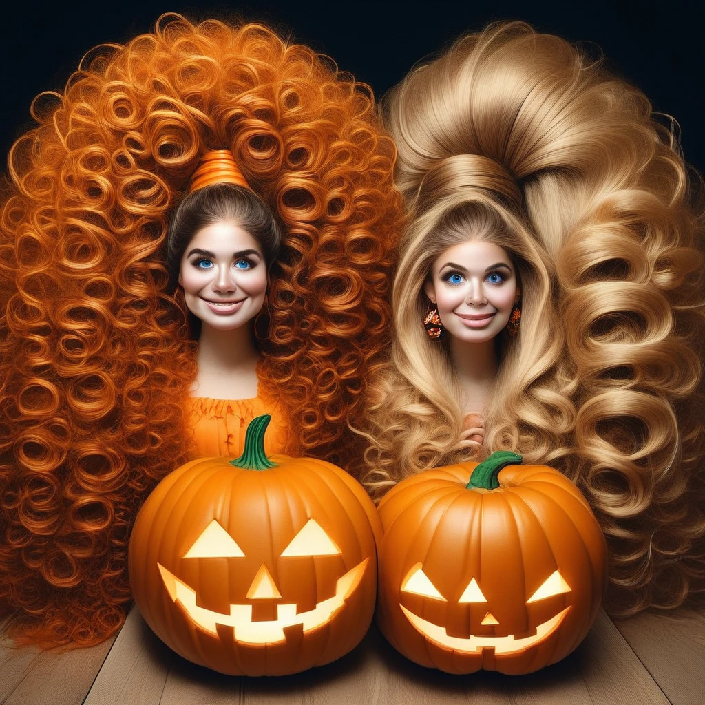 sup3rh41rcr4zy,SuperHairCrazy,Super Hair Crazy Hair, 1girl, long hair, looking at viewer, smile, blue eyes, multiple girls, blonde hair, brown hair, dress, 2girls, jewelry, very long hair, earrings, food, orange hair, lips, siblings, halloween, curly hair, jack-o'-lantern, pumpkin, big hair