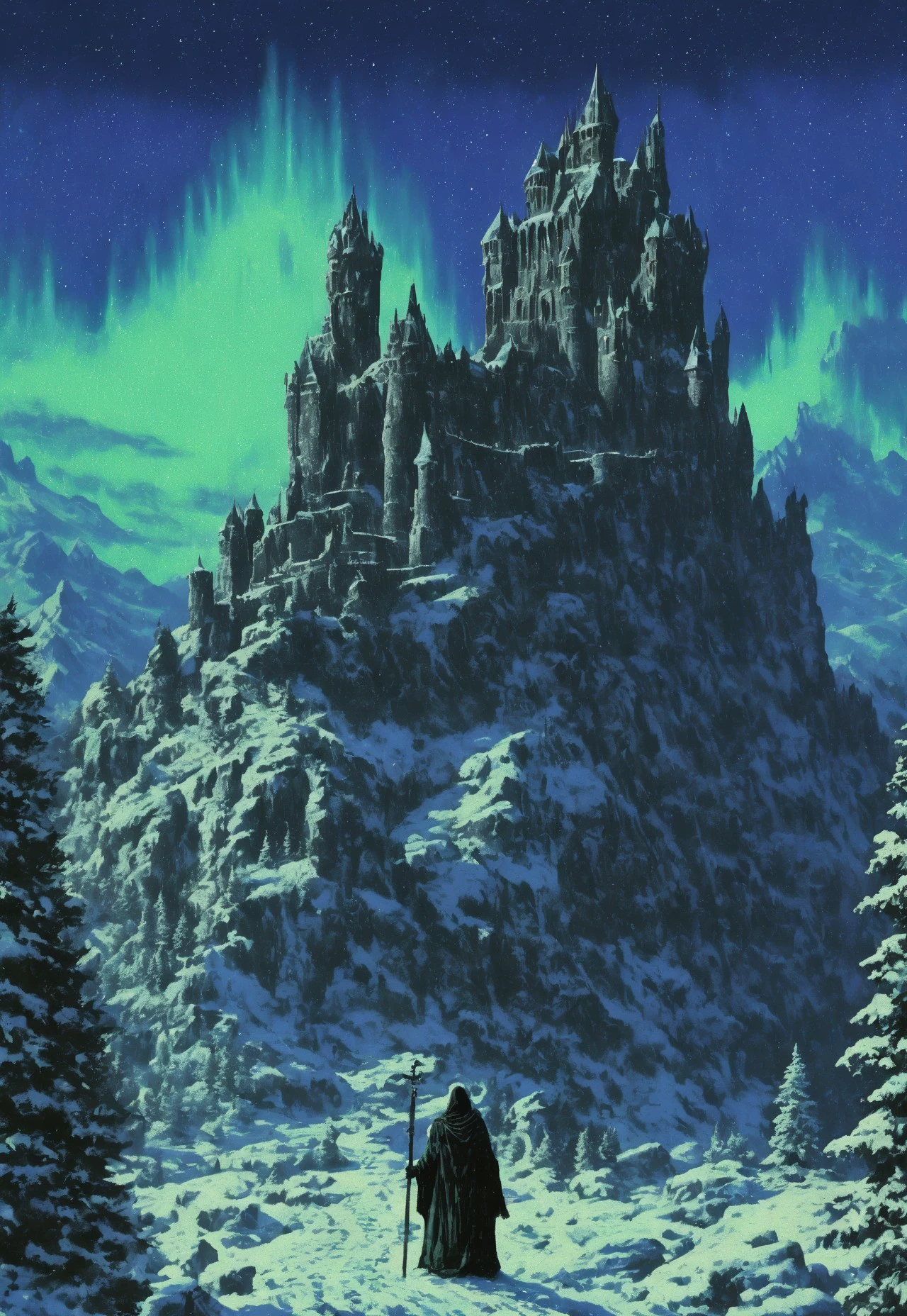 A lone figure, cloaked in dark robes and holding a staff, stands facing an imposing medieval castle covered in snow. The scene is set under a night sky lit by a green and blue aurora borealis, casting an ethereal glow over the surrounding mountains and pine trees. The landscape exudes a sense of mystery and magic, with deep shadows and soft light enhancing the epic and fantastical atmosphere. 