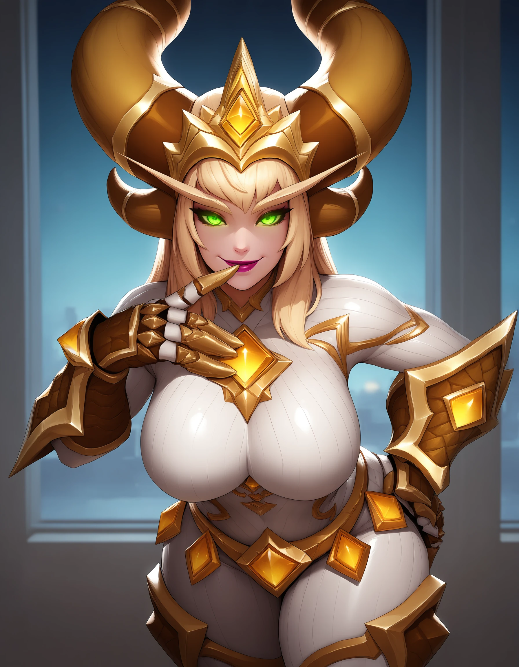 masterpiece, best quality,
<lora:AlexHotS_v2_Illustrious:0.8>
AlexDragonAspect, large breasts, green eyes, glowing eyes, blonde hair, magenta lipstick, amber horns, long eyebrows, tiara,
white bodysuit, scale gauntlets,  jewel belt, greaves,  thick thighs,
cowboy shot, hand on chest, finger to mouth, hand on hip, leaning forward, foreshortening, looking at viewer, smile, dynamic lighting, indoors, night,