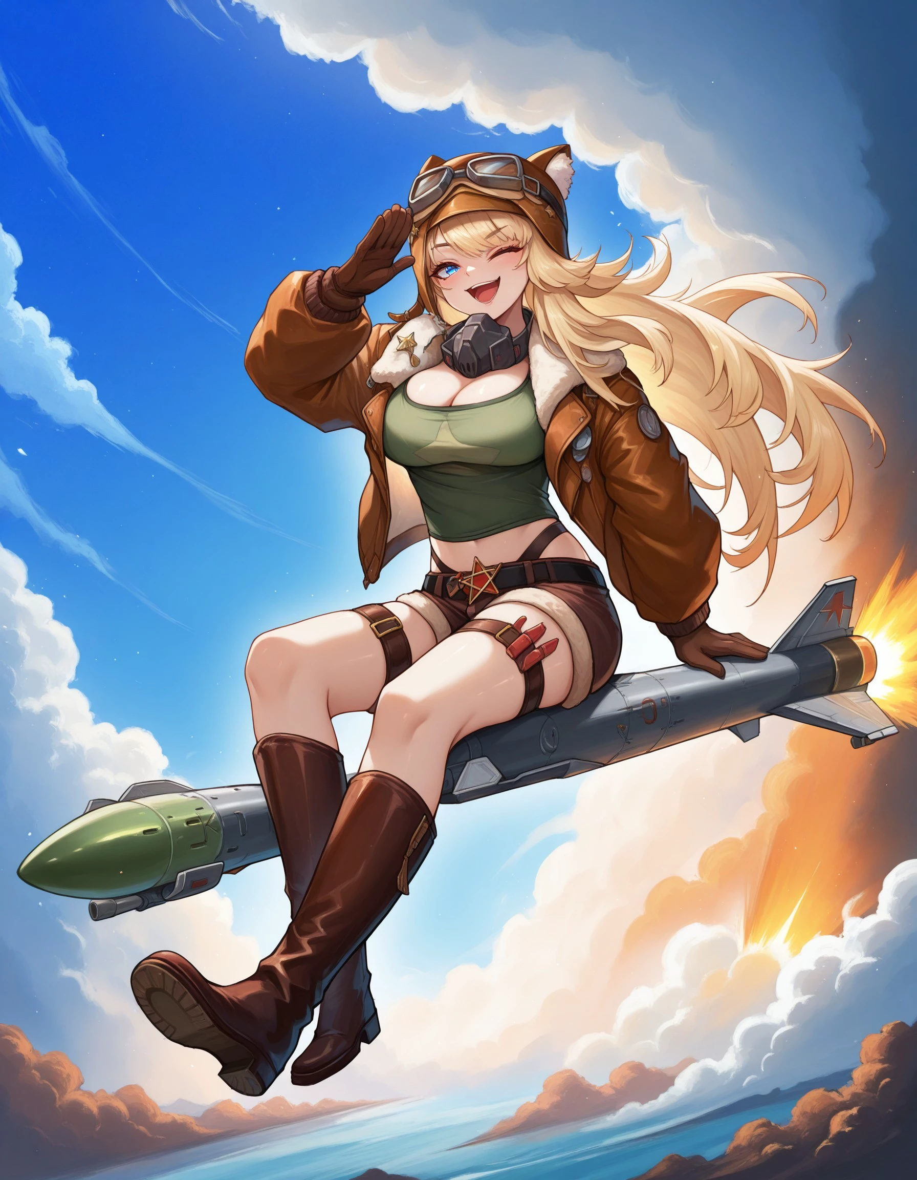 (masterpiece, detailed, best quality, amazing quality, 8k, very aesthetic, highres, absurdres, dramatic lighting), anime, outdoors, blue sky, cloudy, cloud, midair, abstract background, bird,
BREAK
1girl, lilyadef, blonde hair, very long hair, blue eyes, large breasts, cleavage, midriff, bomber jacket, green tank top, brown shorts, highleg panties, brown gloves, belt, thigh strap, mask around neck, aviator cap, goggles on headwear, knee boots, flying, missile, rocket, riding, (salute), (big smile, open mouth), smug, one eye closed,
<lora:r1999lilya-Illustrious-ravenfoot-v1-CAME:1.0>