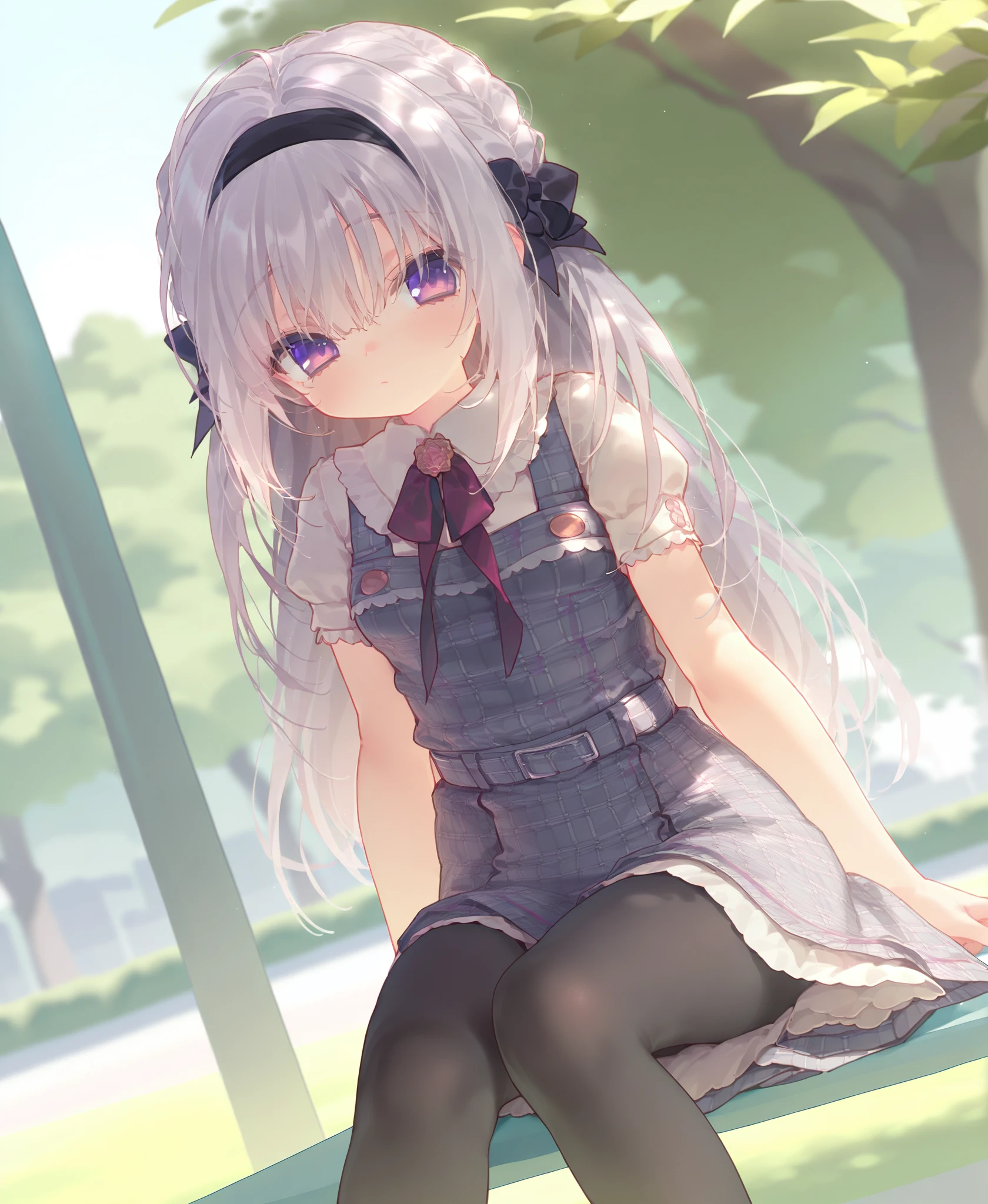 <lora:nyalia:0.7>,nyalia,(artist:tianliang duohe fangdongye:0.8),(artist:ningen_mame:0.6),masterpiece,best quality,absurdres,manami,1girl,solo,long hair,silver hair,purple eyes,school uniform,black legwear,looking_at_viewer,park,sitting,dutch angle,<lora:manami_NoobAI>,