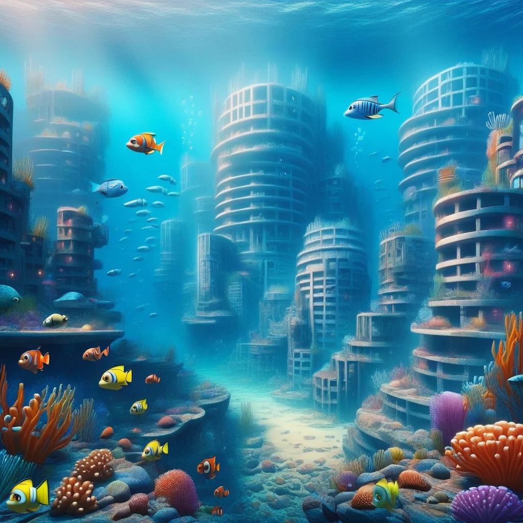 underwater, cityscape, overgrown, coral, fish