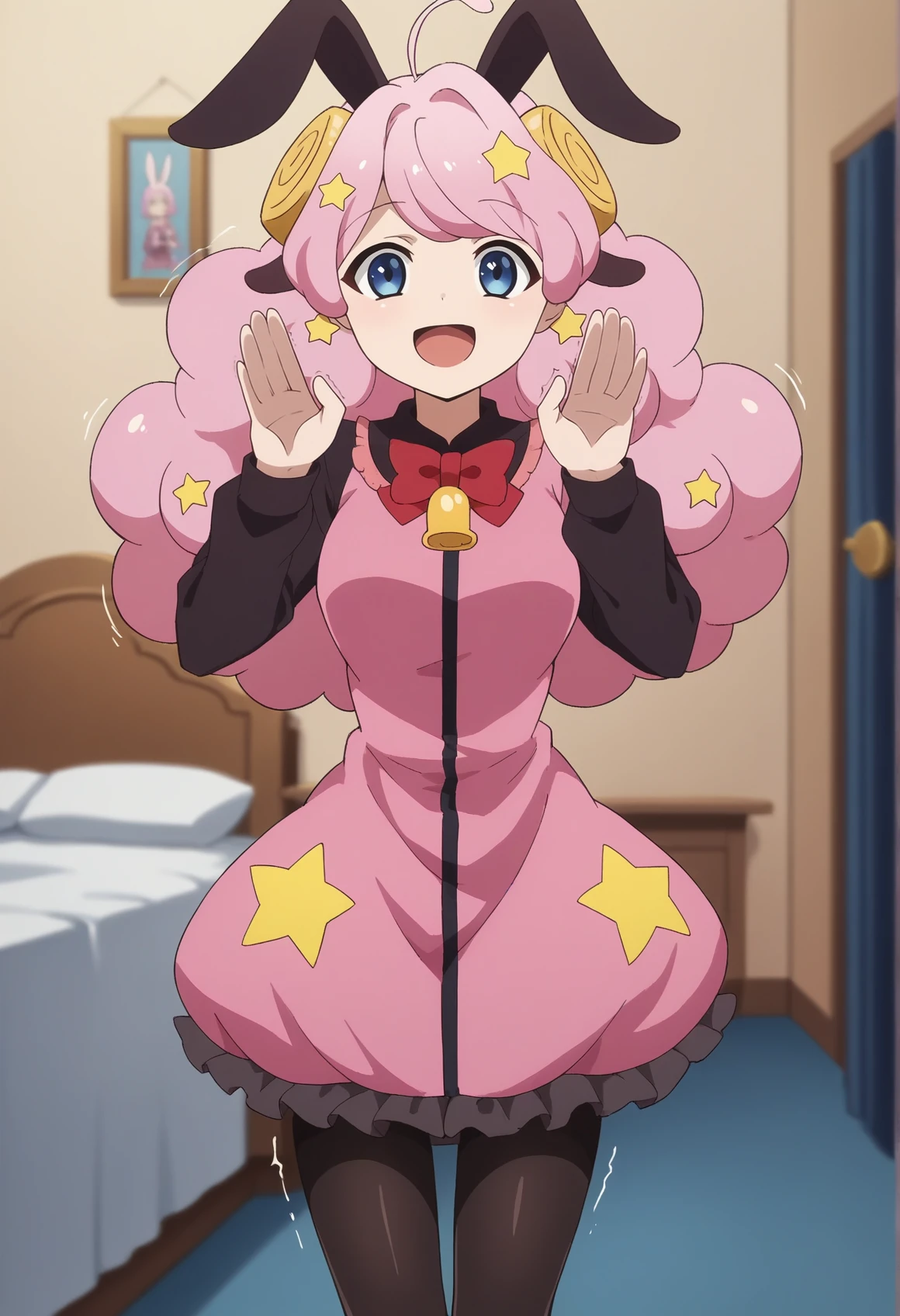 1girl, pink hair, fluffy hair, blue eyes, star (symbol), hair ornament, horns, black shirt, long sleeves, pink dress, short seelves, necktie bow, bell, pantyhose, smile, open mouth, rabbit pose, shaking, indoors, bedroom <lora:show_by_rock_moa:0.8>, score_9, score_8_up, score_7_up, score_6_up, score_5_up, score_4_up, BREAK source_anime, masterpiece