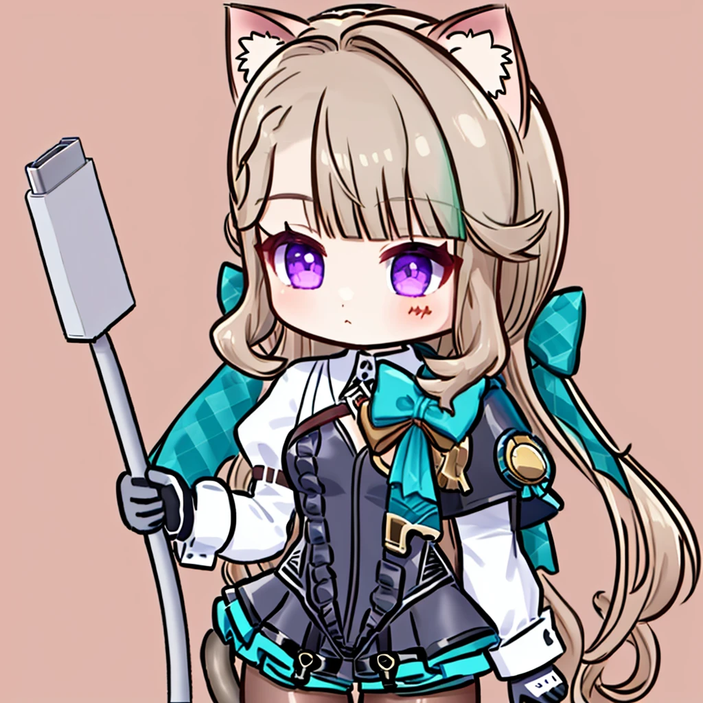 <lora:Meme_holding_charging_cable:0.7>,   holding charging cable,  <lora:lynette_v4:0.8>, simple background, 1girl, lynette, purple eyes, cat ears, cat tail,  gloves, pantyhose, miniskirt