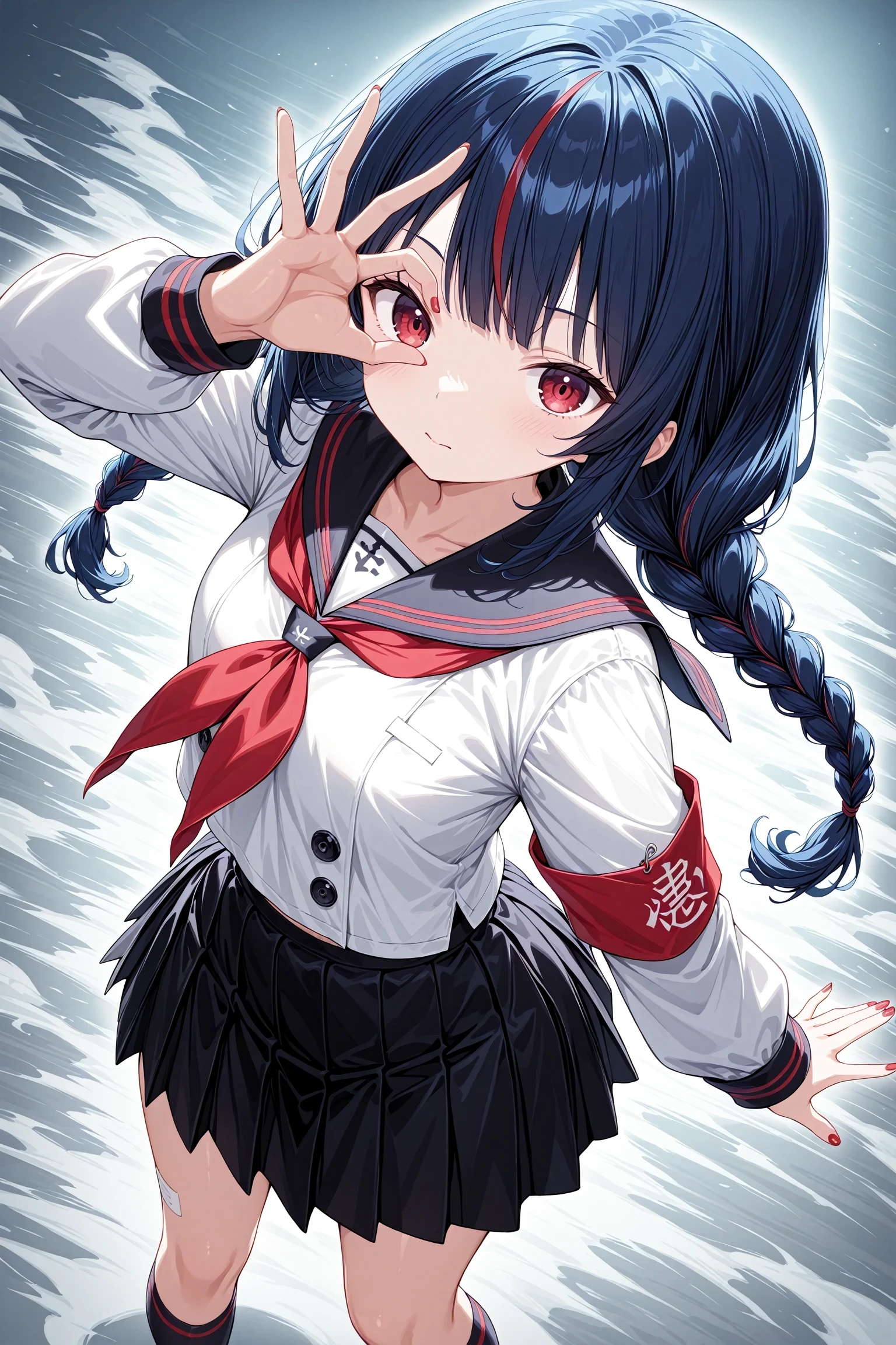 1girl, solo, dynamic angle, dynamic pose, armband, bandages, black sailor collar, black skirt, blue hair, braid, closed mouth, dark blue hair, fog, kneehighs, light blush, long hair, long sleeves, multicolored hair, nail, neckerchief, ok sign, ok sign over eye, pleated skirt, red armband, red eyes, red hair, red neckerchief, sailor collar, skirt, socks, standing, streaked hair, twin braids, masterpiece, best quality