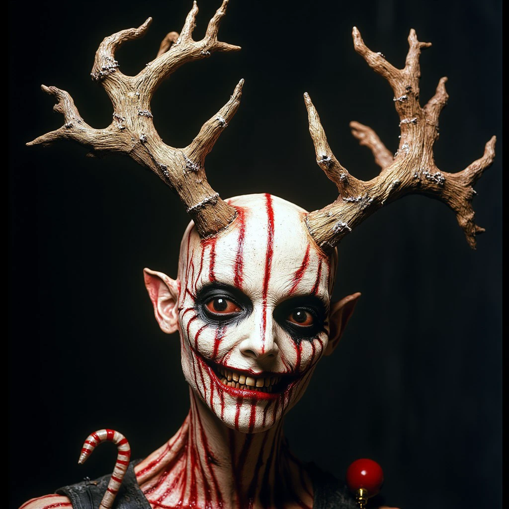 The image is a high-resolution photograph featuring a Xmasdemon striking, surreal, and macabre portrait of a humanoid figure with a strikingly grotesque appearance. The subject's face is deathly pale with a twisted, skeletal structure visible beneath the skin, particularly around the eyes and mouth. The face is painted with intricate, red, jagged lines, adding to the eerie effect. The eyes are unnaturally large and black, with a piercing, almost demonic gaze.