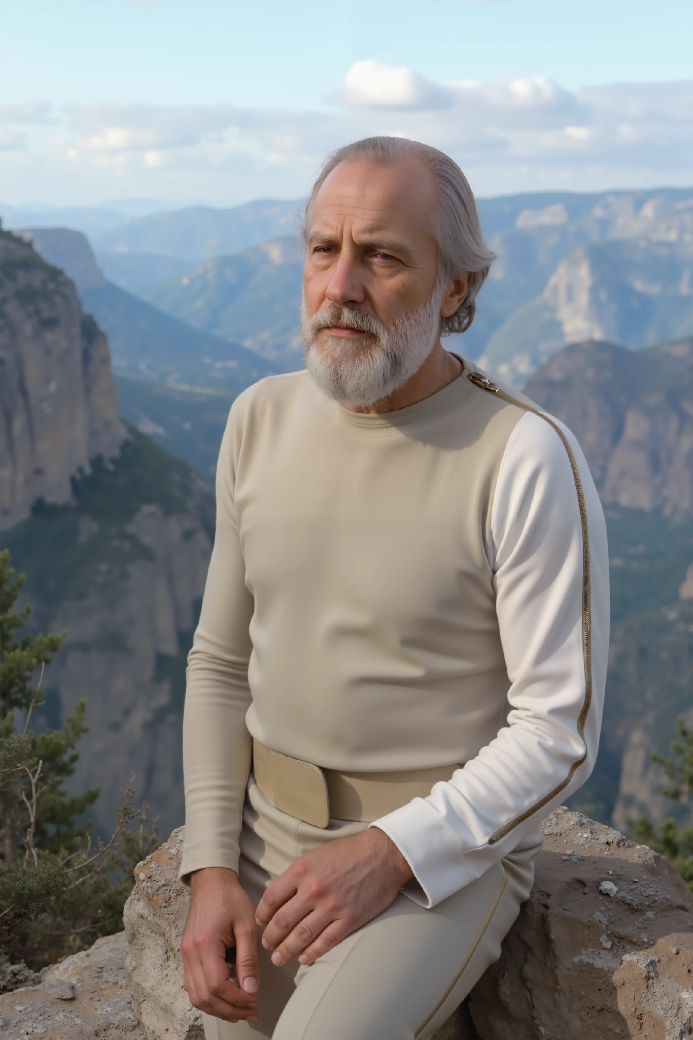 a very old gentleman with a beard wearing beige s1999unf with right white sleeve and beige pants is standing on a cliff<lora:S1999_FLUX><lora:aidmaMJ6.1-FLUX-V0.1:0.6><lora:Movie_Portrait><lora:Flux DetailerV2>