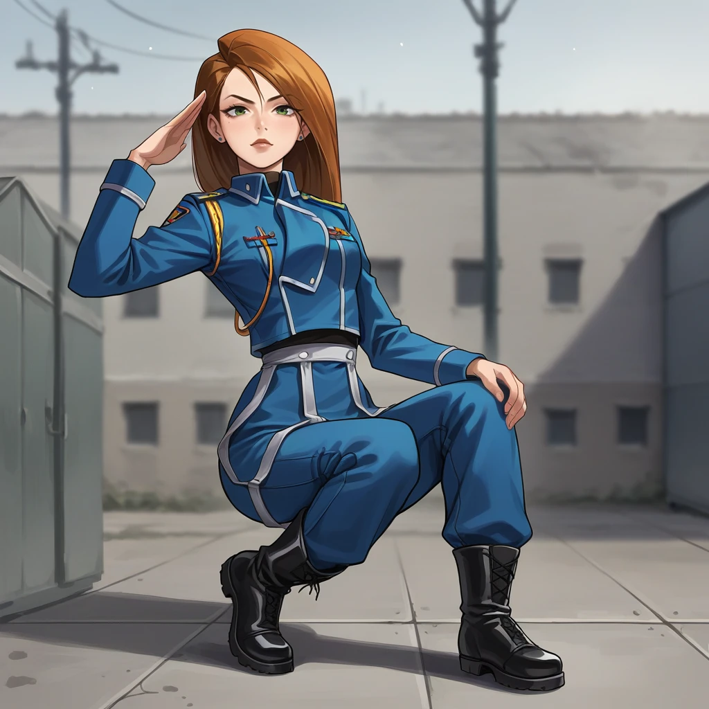 score_9, score_8_up, score_7_up, score_6_up, score_5_up, score_4_up, zPDXL2,source_anime,rating_questionable, 1girl, solo, outdoors, salute, looking at viewer, kim possible <lora:amestris_military_uniform:0.8> 4msUn1,  blue military uniform, boots, blue pants, black footwear, long sleeves, aiguillette, blue jacket