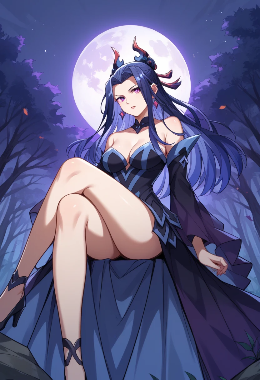 score_9, score_8_up, score_7_up, score_6_up, source_anime, score_9, score_8_up, score_7_up, score_6_up, source_anime,Ye Hou,Black  dress,Purple eyes,Black  hair,Hair  ornament,Bare shoulder, crossed legs, forest, purple trees, night sky, moon