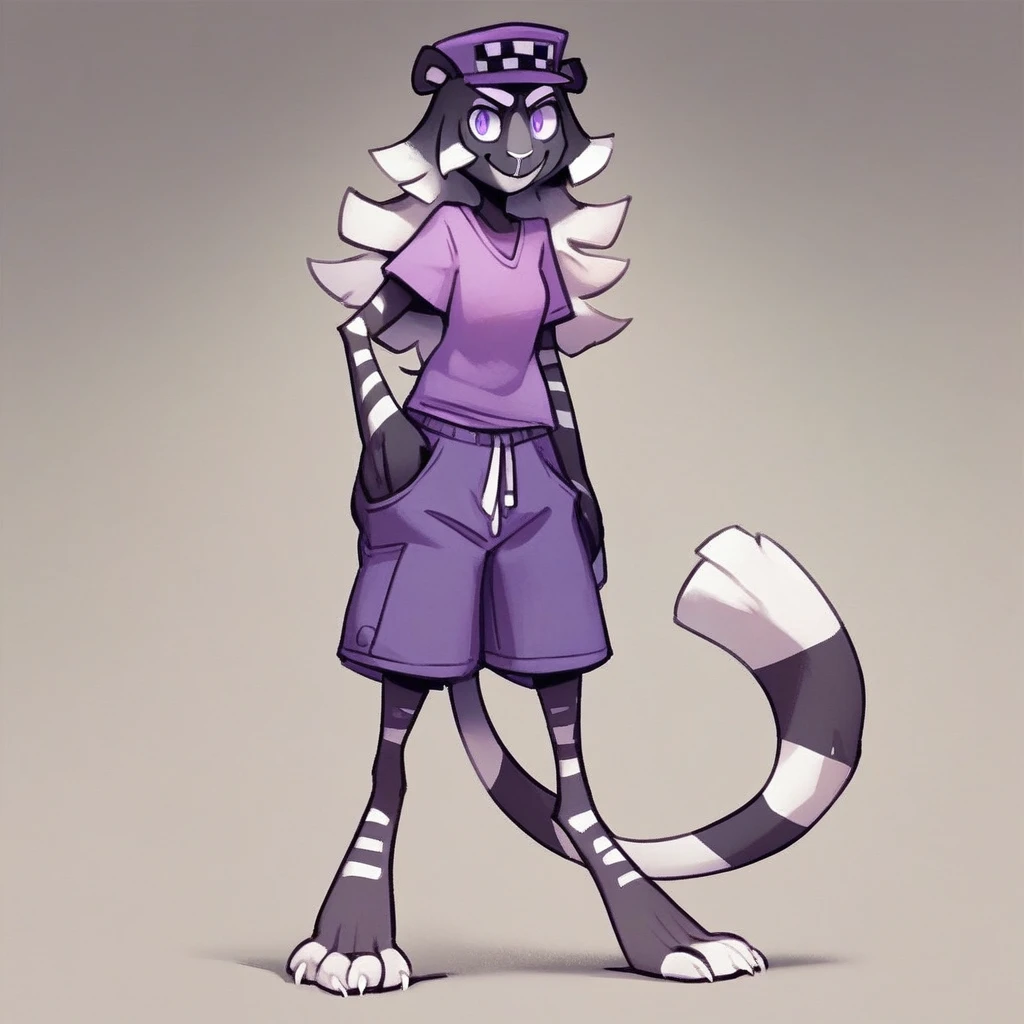 score_9, score_8_up, score_8, score_7, source_cartoon, source_furry, easynegative, Expressiveh, solo, 1girl, Tiger, female furry, anthro, black and white fur, long tail, black and white hair, long hair, purple eyes, white paws, smiling, looking at viewer, digigrade feet, purple shirt, purple shorts, purple hat, full body, standing, mean look,