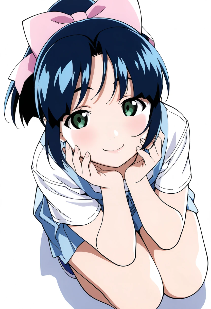 masterpiece,best quality,good quality,1girl,solo,
<lora:ayano_ilxl_v1:1>,ayano,blue hair,ribbon,ponytail,green eyes,<lora:Fixhands_anime_bdsqlsz_V1:1>,smile,white background,simple background,looking at viewer,bow,from above,squatting,hair bow,, masterpiece,best quality, very aesthetic, absurdres, ultra detailed, high resolution, 4k, extremely detailed CG,