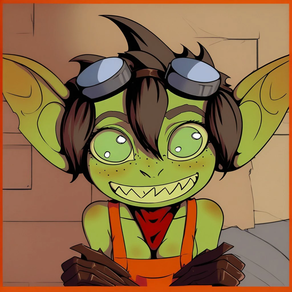 gabiduende,  goblin girl, goggles, dark brown hair, orange overalls, red scarf, short hair, gloves, glare in the eyes, no pupils, messy hair, freckles, smile, sharp teeth,  looking at viewer