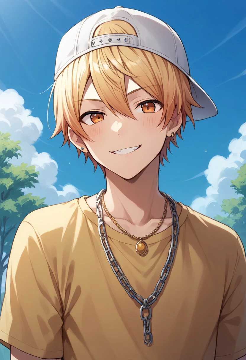 score_9, score_8_up, score_7_up, source_anime, highly detailed, 
tsukasa, 
1boy, male focus, solo, orange eyes, blonde hair, short hair, hair between eyes, bangs, hat, baseball cap, backwards hat, white headwear, jewelry, earrings, chain, necklace, shirt, yellow shirt, smile, blush,
outdoor, sky, tree, cloud