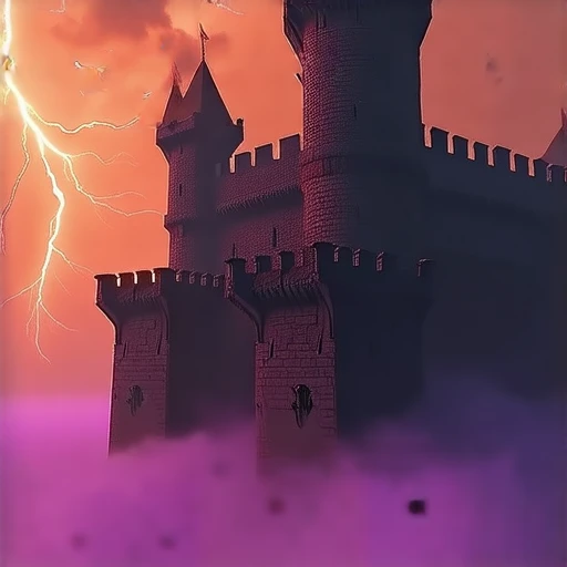 cpolldreamyfortress, cpolldfffitowd, floating fortress in the otherworld, otherworld, floating fortress, outdoor, orange sky, orange lightnings in sky, vivid purple mist, purple lightnings in vivid purple mist