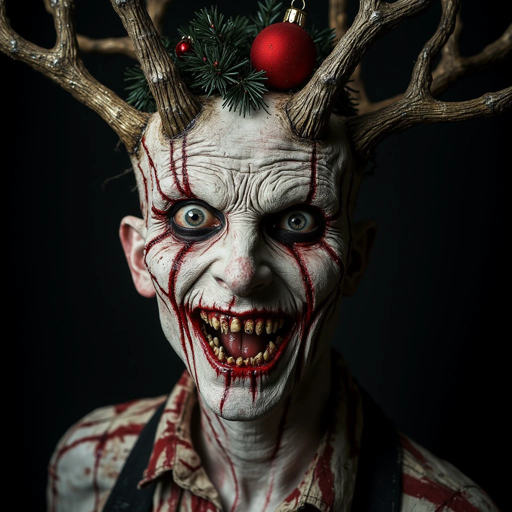 The image is a high-resolution photograph featuring a Xmasdemon striking, surreal, and macabre portrait of a humanoid figure with a strikingly grotesque appearance. The subject's face is deathly pale with a twisted, skeletal structure visible beneath the skin, particularly around the eyes and mouth. The face is painted with intricate, red, jagged lines, adding to the eerie effect. The eyes are unnaturally large and black, with a piercing, almost demonic gaze.