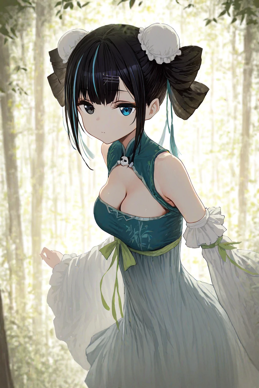 1girl,girimi zhu, streaked hair, heterochromia, blue eyes, black eyes, hidulume,double bun,chinese clothes, detached sleeves, dress, cleavage,

very aesthetic, masterpiece, best quality, very aesthetic, highres, absurdres, sensitive, 

(rolua:0.3),(ke-ta:0.3), (40hara:0.3), (wlop:0.4), highres, detailed (kedama_milk:0.5), (foot focus:0.3) , girimi,










