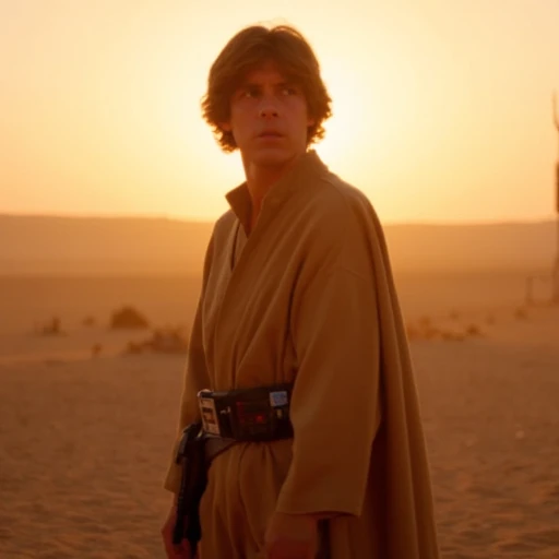 golden light of the setting sun, portrayed by Mark Hamill, light brown hair styled in a classic 1970s look. He has a slightly worried or surprised expression, a tall, This image is a photograph from the Star Wars franchise, " featuring Darth Vader, including a belt and utility pouches, dressed in beige and brown desert attire