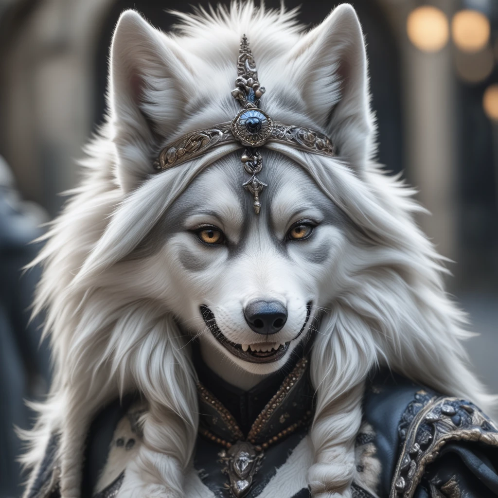 Detailed  closeup photo of an anthro  white wolf queen wearing gothic clothes, detailed eye's, realistic fangs, wolf eyes, epic light