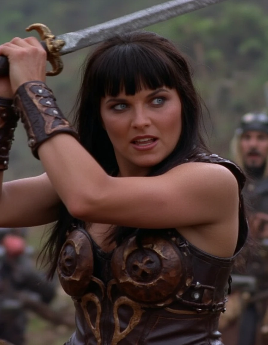 Xena, dark hair and bangs, xena-eyes, she is wearing her usual attire of a metal breastplate over a brown corset, she is swinging a sword with both hands in the middle of a battle, blood lust in her eyes, battle hungry intense expression, action shot, screencap from an action tv show  <lora:flux_xena_640_newest:1.2>