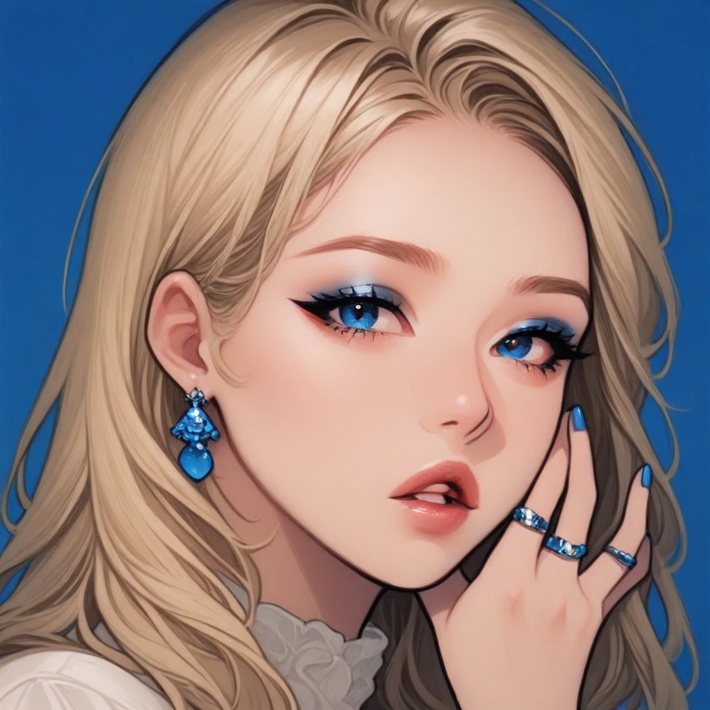 43sth3t1c, 1girl, solo, jewelry, blue eyes, earrings, parted lips, long hair, blonde hair, portrait, blue nails, blue background, lips, looking at viewer, makeup, ring, nail polish, hand on own face, hand up, simple background, illustrative,  , comic art style, illustration, masterpiece