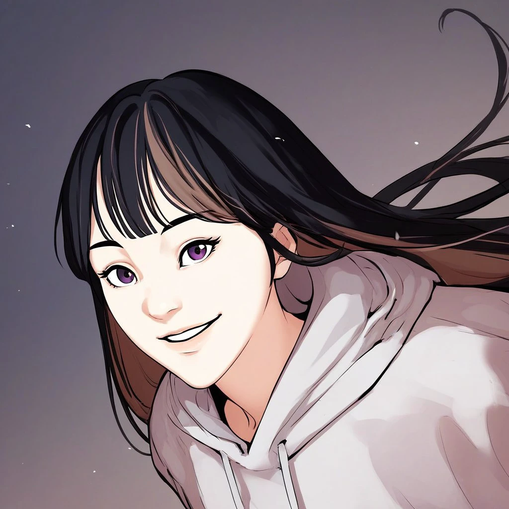 score_9, score_8_up, score_7_up, score_6_up, high res, high quality, good anatomy, good proportions, dynamic angle, dynamic pose, 1girl, solo, luahlim, long hair, two-tone hair, bangs, colored inner hair, brown hair, black hair, purple eyes, grey hoodie, hood down, smile, looking at viewer, parted lips, upper body, hands behind back