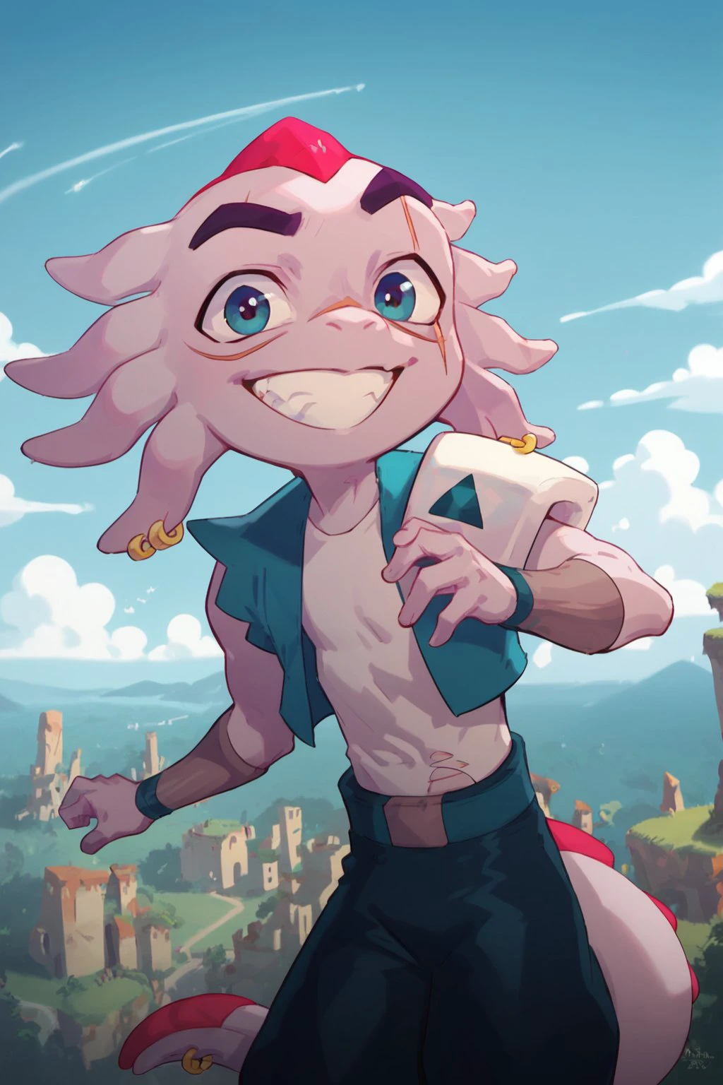 score_9, score_8_up, score_7_up, Smooth Boys Style, cartoon, 1boy, young, solo, male focus, Axolotl, Axolotl boy, pink skin, Axolotl's ears, tentacles hair,  blue eyes, Axolotl's tail, scar across eye, blue jacket, singlet, belt, black pants, shoulder pad,  jewelry, furry male, grin smile, looking at viewer, Expressive, on flying island, outdoors, <lora:add-detail-xl:0.8>, <lora:NAI3 Smooth Boys Style LoRA_Pony XL v6:0.8>, <lora:Expressive_H:0.8>, <lora:Axolotl_Windblown:1>