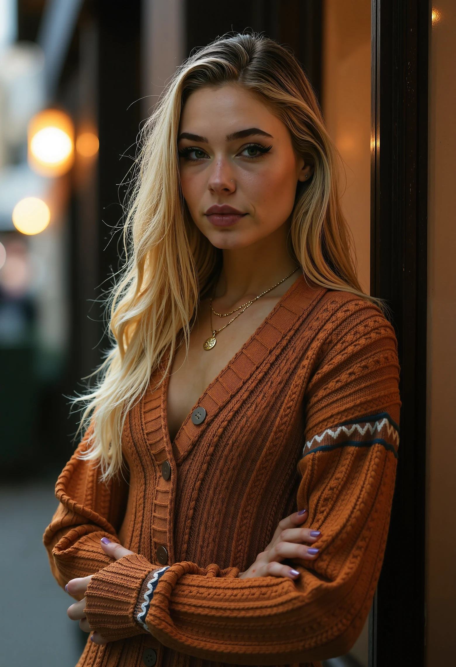 Jutta Leerdam, a woman leaning against a city café window, wearing a cozy autumn sweater, golden hour lighting, soft focus with background blur, high detail on fabric texture, warm tones, editorial quality, depth of field, vibrant colors, photorealistic skin texture, subtle film grain