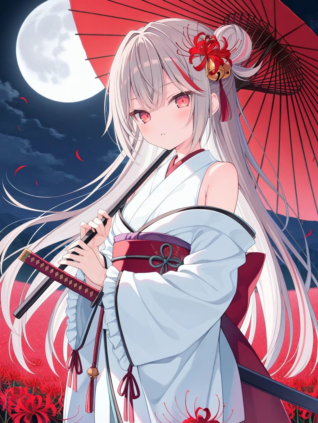 1girl,solo,katana,holding sword,red eyes,hair ornament,multicolored hair,japanese clothes,long hair,moody lighting,looking at viewer,kimono,oil-paper umbrella,streaked hair,tassel,hair bun,hair flower,bangs,long sleeves,bell,frilled sleeves,off shoulder,parted lips,white hair,frills,grey hair,wide sleeves,hair bell,bare shoulders,sash,sheath,spider lily,rurudo,full moon background,flower field, 
,masterpiece,best quality,amazing quality,very aesthetic,absurdres,newest,