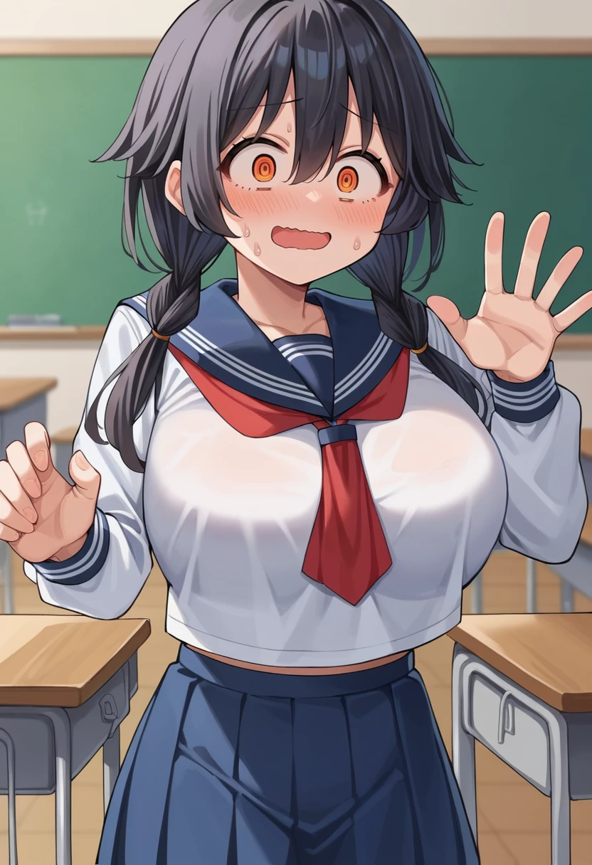 <lora:MashiroNaomoto:1> 1girl, mashironaomoto, hair between eyes, neckerchief, sailor collar, school uniform, twin braids, large breasts, low twintails, twintails, long hair, orange eyes, red neckerchief, black hair, wavy mouth, @ @, happy, classroom, sweat,, score_9, score_8_up, score_7_up, source_anime,