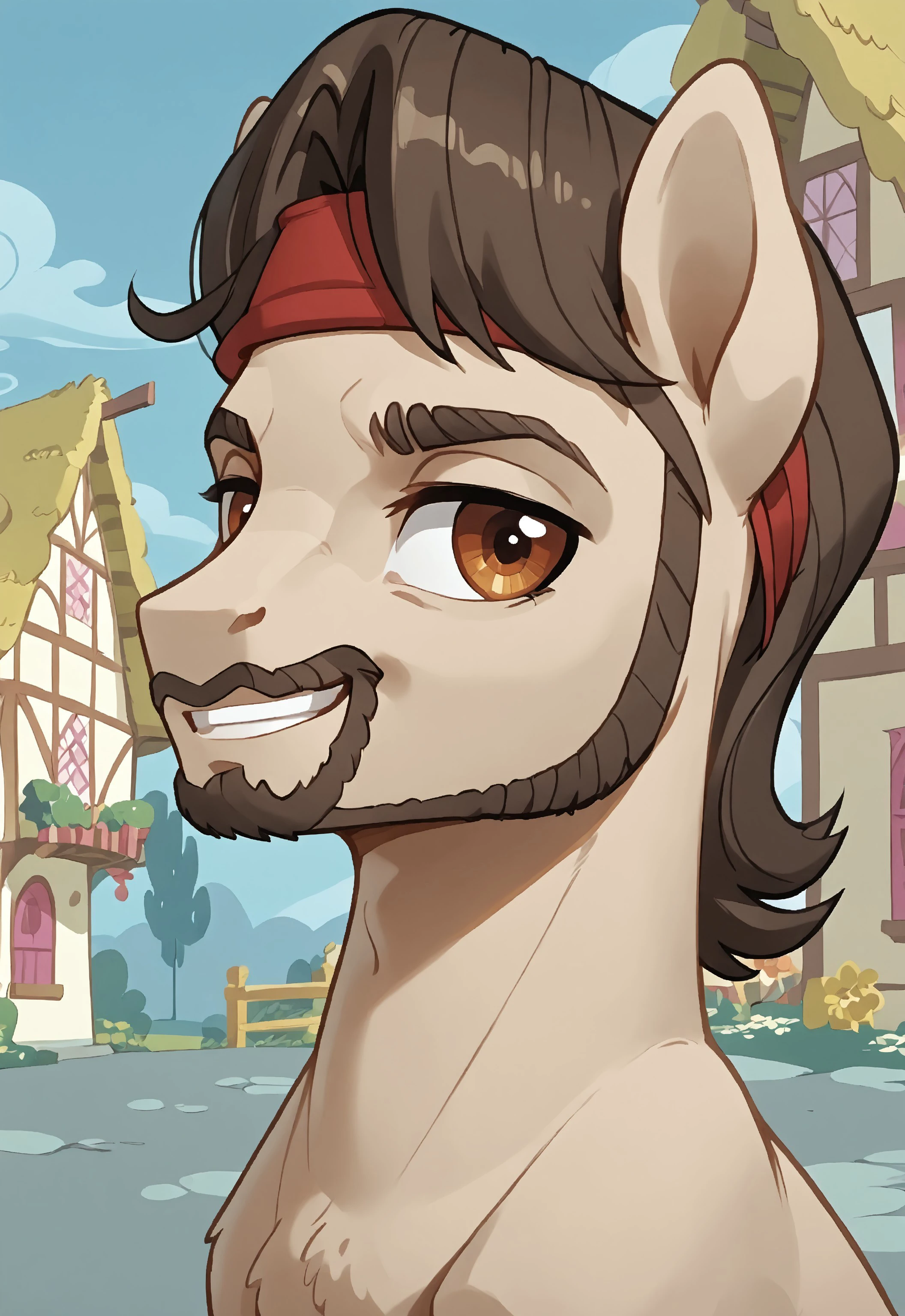 safe_pos, safe_pos, score_9, score_8_up, score_7_up, rating_nsfw, ultra hd, absurdres, solo, masterpiece, best quality, best aesthetic, Expressiveh, wolfconf,

MLPAce, ace_facialhair, ace_brownhair, facial hair, headband, pony, earth pony,
(portrait), headshot, looking at viewer, smiling, ponyville