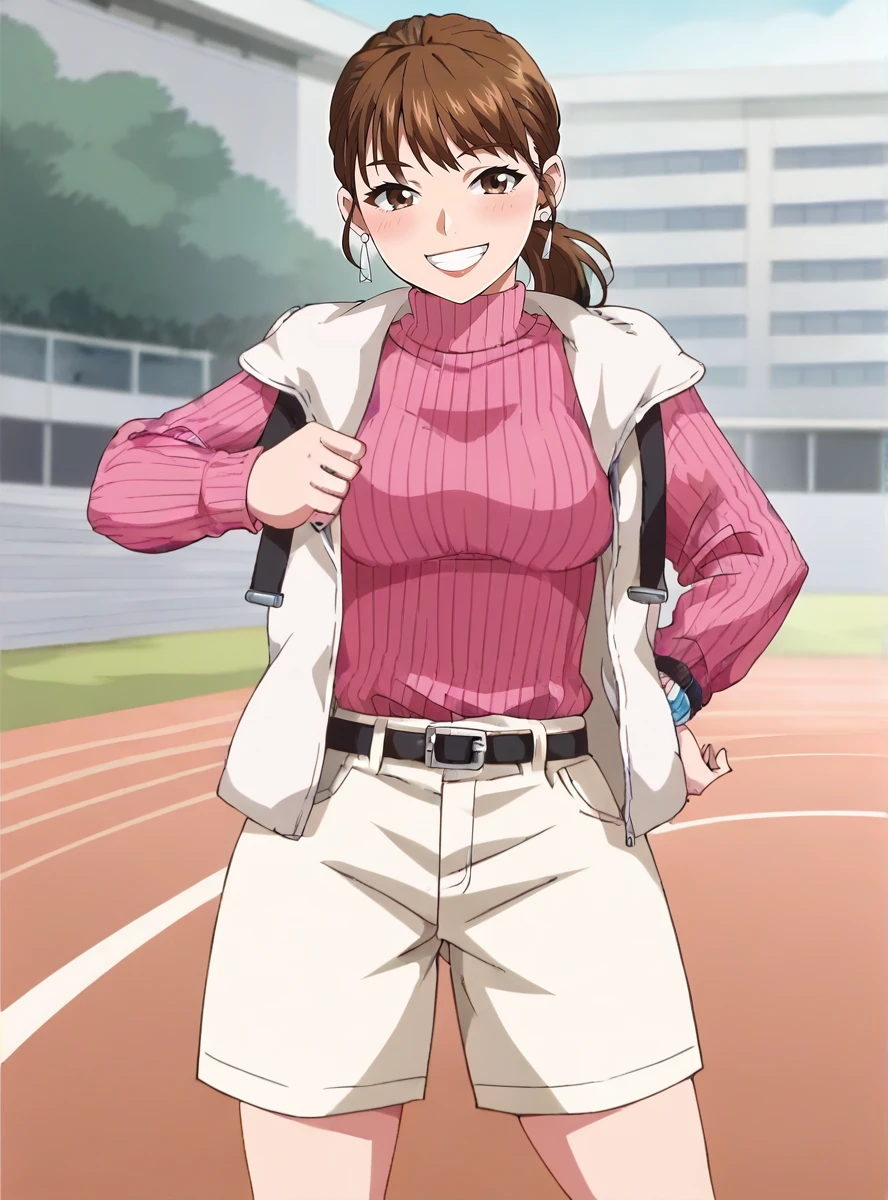 score_9, score_8_up, score_7_up, score_6_up, source_anime, ((anime screencap)), uncensored    (anime coloring), <lora:Mira_Shifuto_Boonboomger:0.7>mirashifutoxl,solo, 1girl, brown hair, smile, shorts, sweater, turtleneck, white shorts, earrings, belt, jewelry, brown eyes, pink sweater, jacket thick thighs,  fighting stance, outdoors race_track,