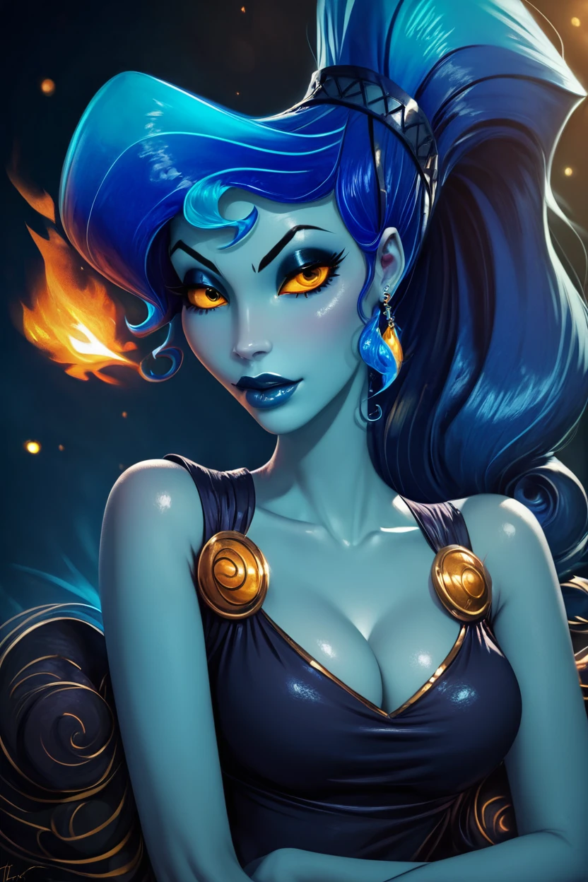 score_9, score_8_up, score_8, medium breasts, (curvy), cute, eyelashes, ,,, , ,,, zzHadesMeg, yellow eyes, colored sclera, colored skin, blue skin, fiery hair, long hair, blue hair, ponytail, makeup, fire, lipstick, bare shoulders, dress, black dress, long dress, blue lips, cleavage, eyeshadow, jewelry <lora:HadesMeg_PDXL:1.0>, ,,, , BREAK, (ultra realistic,32k, masterpiece:1.2),(high detailed skin:1.1),( high quality:1.1), head tilt, lips, closed mouth, shiny clothes, (upper body), looking at viewer, bokeh, luminescent background, ,,, embedding:zPDXL, Expressiveh, ,,, <lora:RlAnmPDXL:1.0>,
