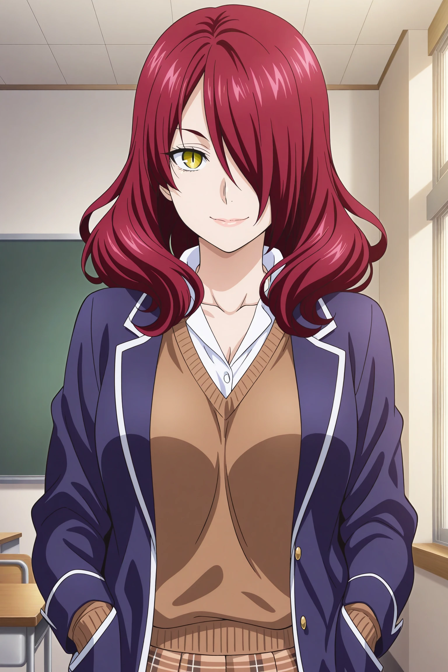 1girl, looking at viewer, indoors, classroom, masterpiece, best quality, amazing quality, highres, absurdres, very aesthetic, high resolution, ultra detailed, perfect details, smile, medium breasts, kobayashi rindou, long hair, red hair, wavy hair, yellow eyes, hair over one eye, slit pupils, school uniform, long sleeves, sleeves past wrists, blazer, blue jacket, white shirt, collared shirt, brown sweater, brown skirt, plaid skirt, pleated skirt, black kneehighs, loafers, <lora:Rindou_Kobayashi_ILXL:0.8>, (mature female:1.1), (upper body:1.2), (official_wallpaper:1.5)