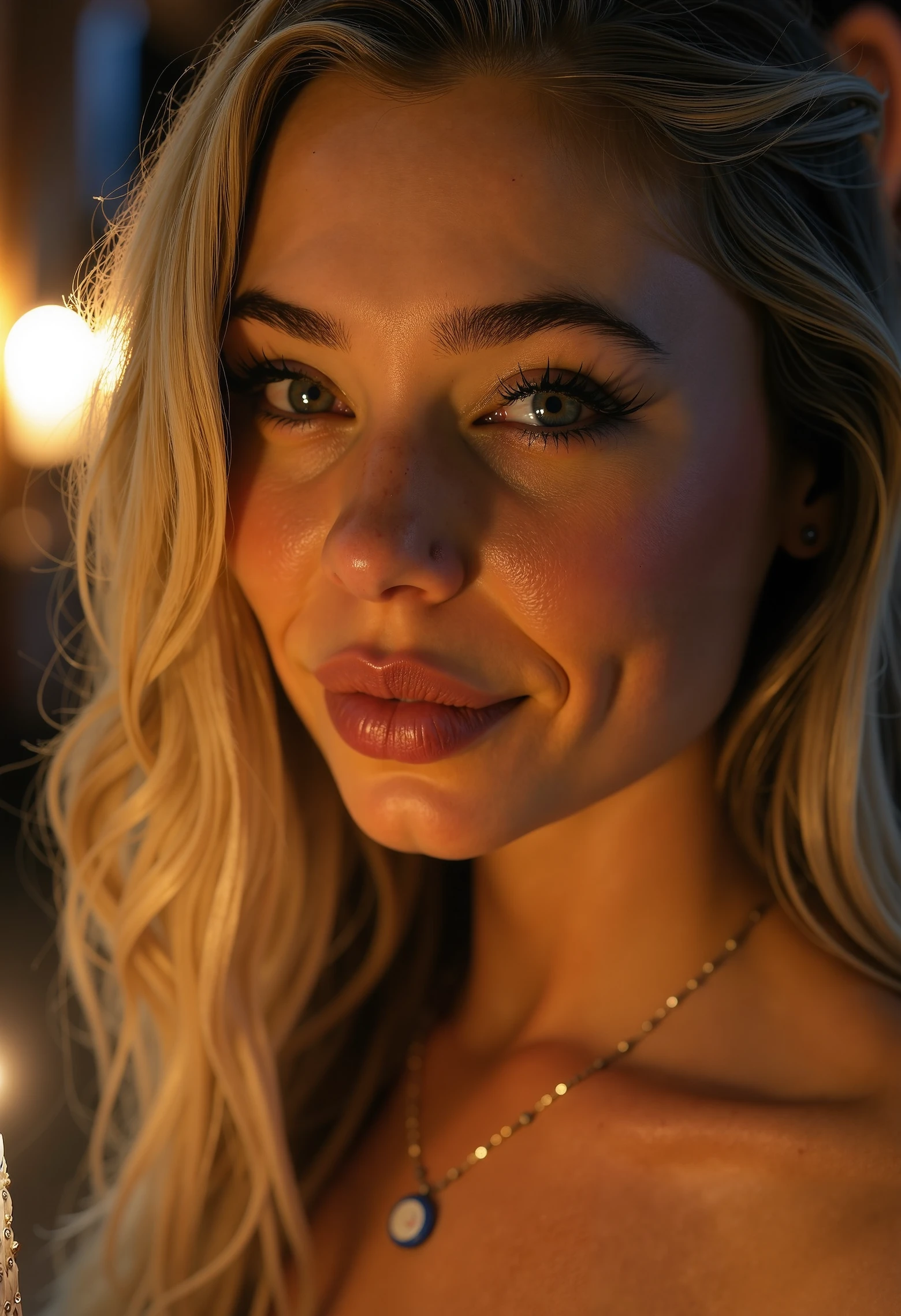 Jutta Leerdam, close-up portrait, face softly illuminated by candlelight, wearing elegant evening attire, warm and soft lighting, intricate skin texture, photorealistic, cinematic bokeh in background, high detail, ultra-sharp focus, depth of field, 8k resolution