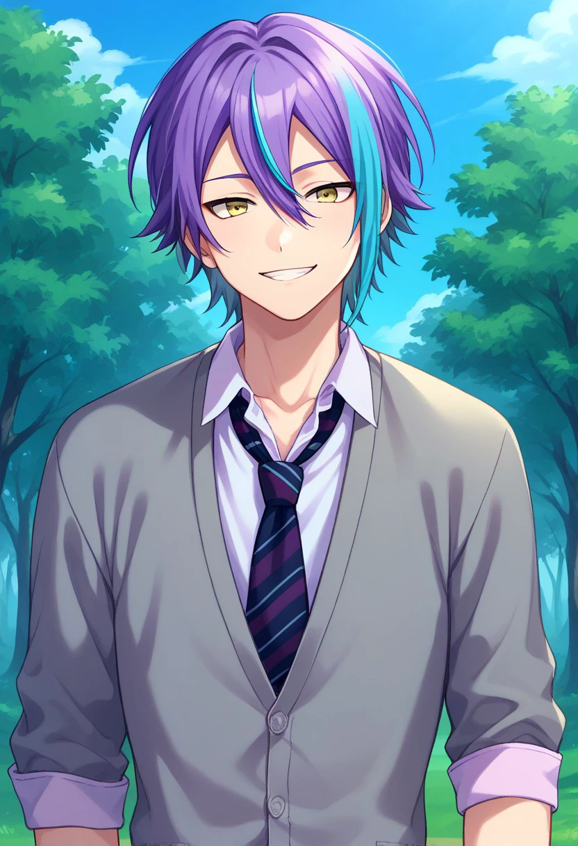 score_9, score_8_up, score_7_up, source_anime, highly detailed, 
kamishiro, 1boy, male focus, solo, yellow eyes, multicolored hair, streaked hair, hair between eyes, purple hair, blue hair, shirt, white shirt, collared shirt, necktie, striped necktie, diagonal striped, diagonal-striped necktie, cardigan, sleeves rolled up, smile
outdoor, sky, tree, cloud,