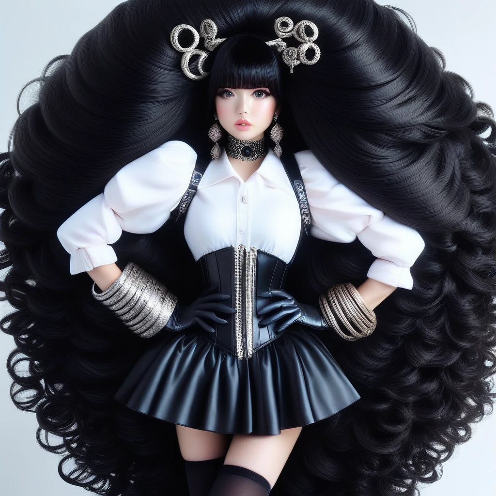 sup3rh41rcr4zy,SuperHairCrazy,Super Hair Crazy Hair, 1girl, solo, long hair, breasts, looking at viewer, bangs, skirt, simple background, shirt, black hair, hair ornament, thighhighs, gloves, long sleeves, bow, ribbon, jewelry, very long hair, white shirt, earrings, parted lips, choker, black gloves, puffy sleeves, black thighhighs, blunt bangs, black skirt, black eyes, bracelet, lips, grey eyes, corset, zipper, curly hair, hands on hips, realistic, absurdly long hair, big hair